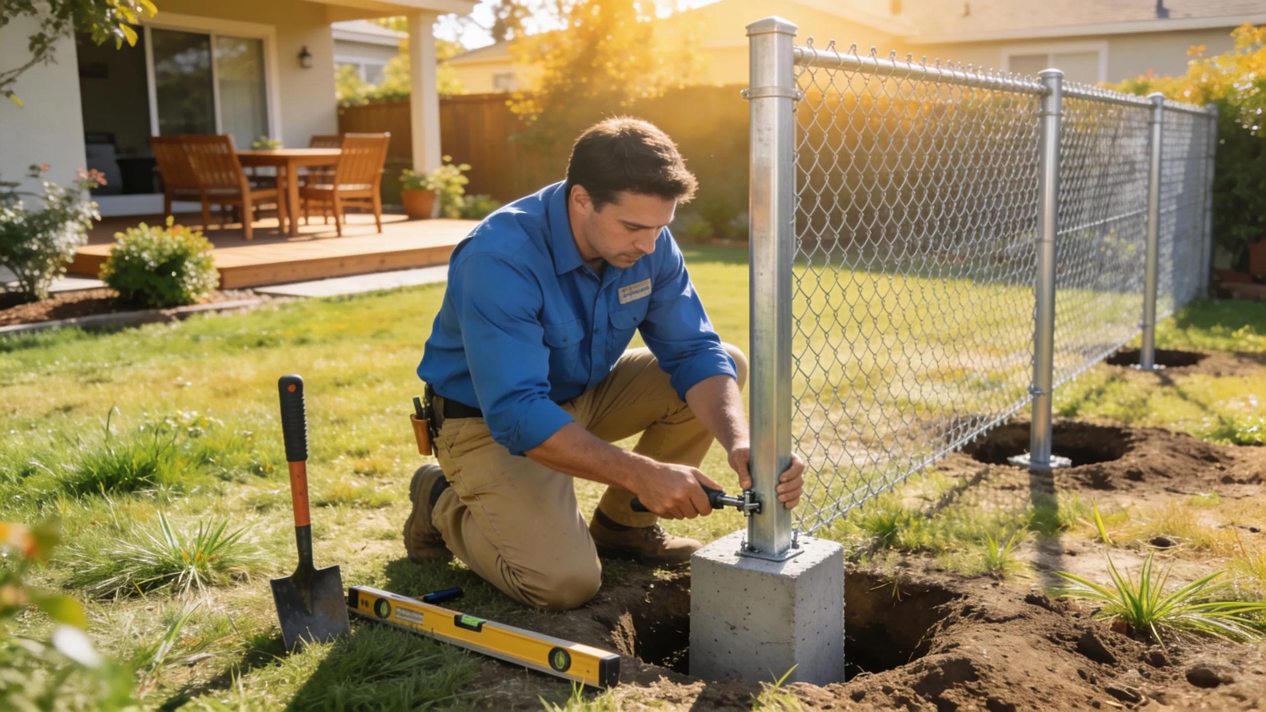 Professional contractor installing a chain link fence in a bright residential backyard