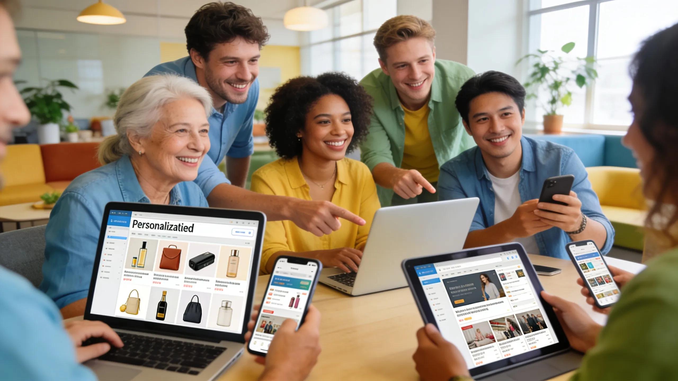 Group of individuals interacting with personalized content, showcasing AI's role in increasing engagement and lead generation
