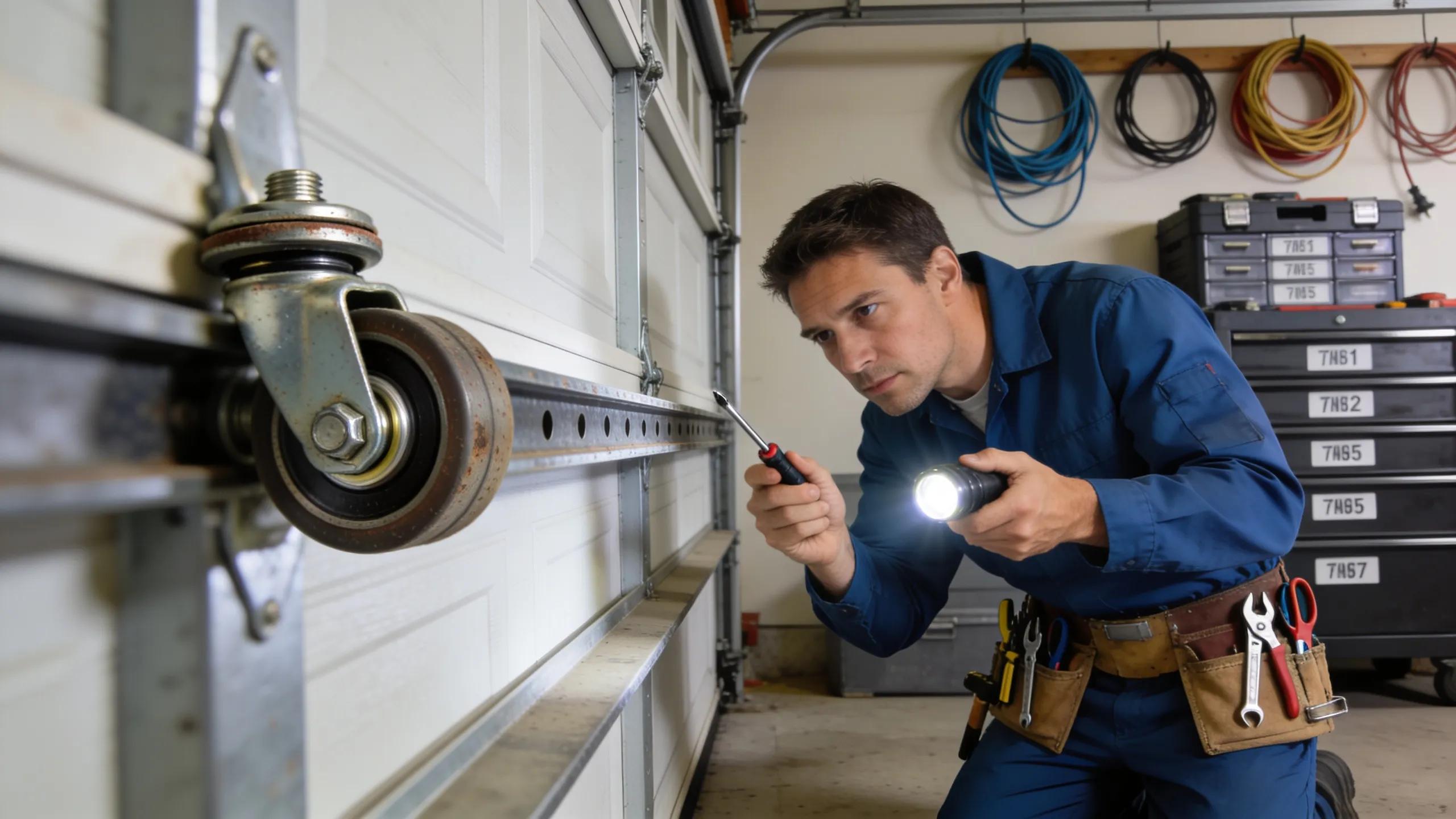 Professional technician evaluating garage door components during maintenance check