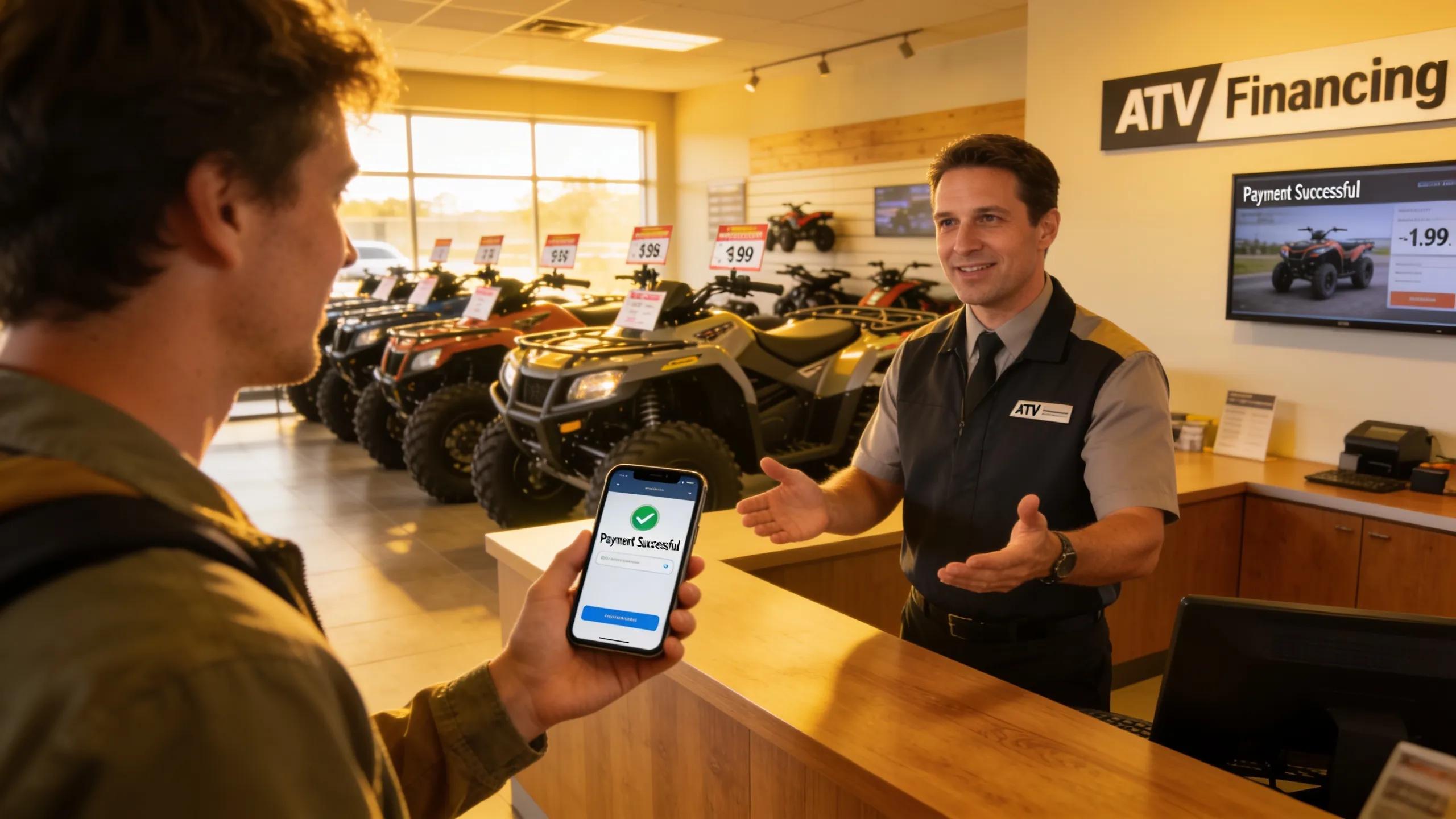 Customer making a payment for an ATV at a dealership highlighting affordability in financing