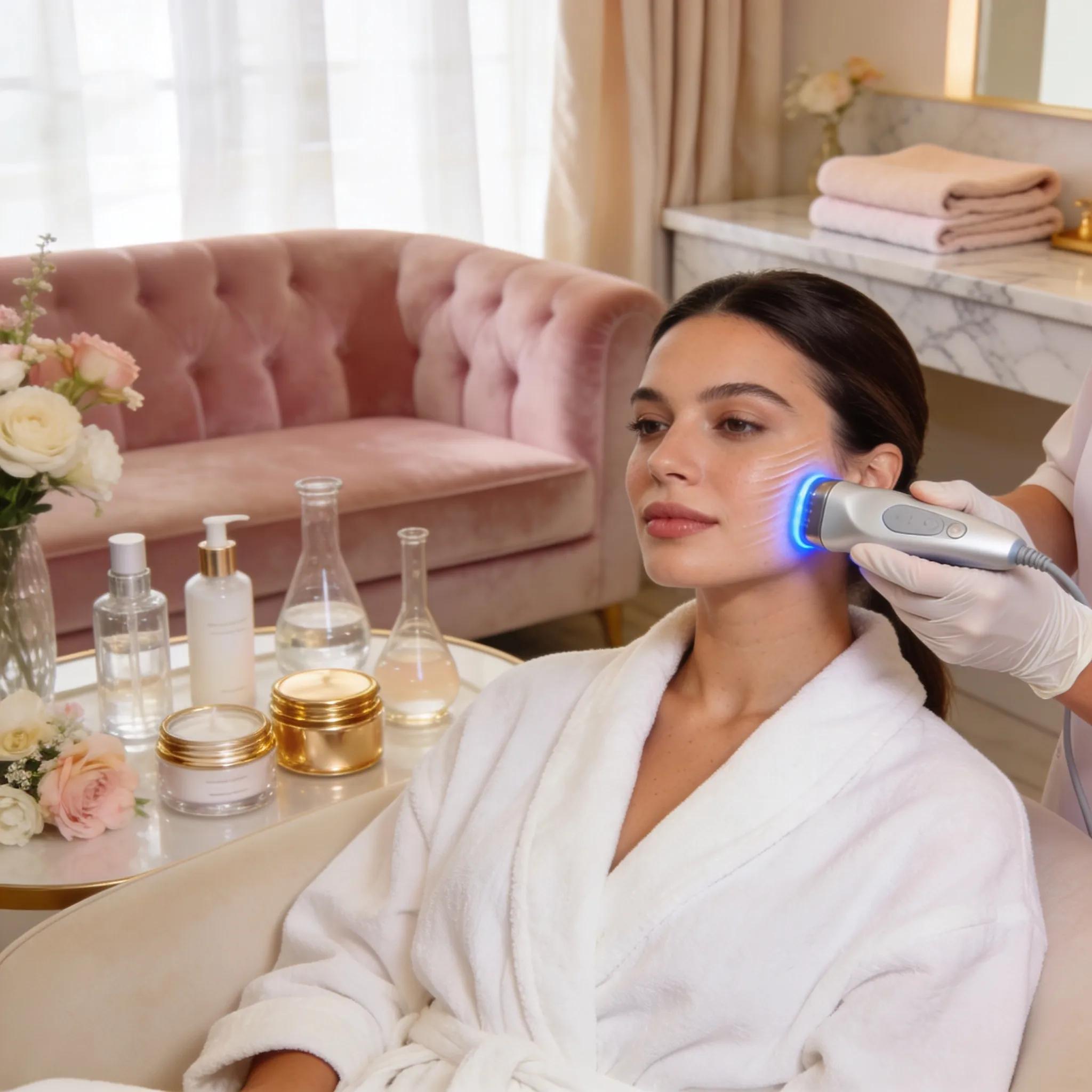 Calm spa treatment room with non-surgical skin-tightening devices and a client receiving care Calm spa treatment room with non-surgical skin-tightening devices and a client receiving care