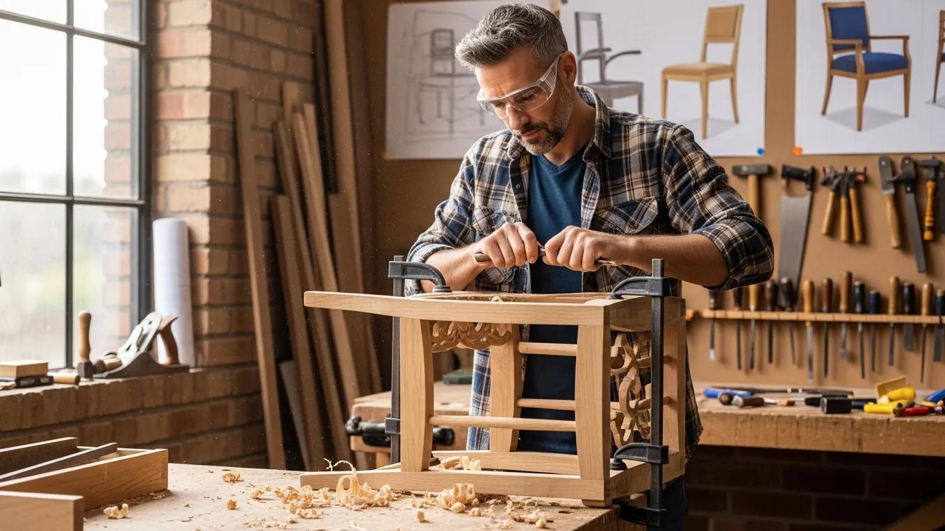 Carpenter working on a wooden chair in a workshop, showcasing craftsmanship and professionalism