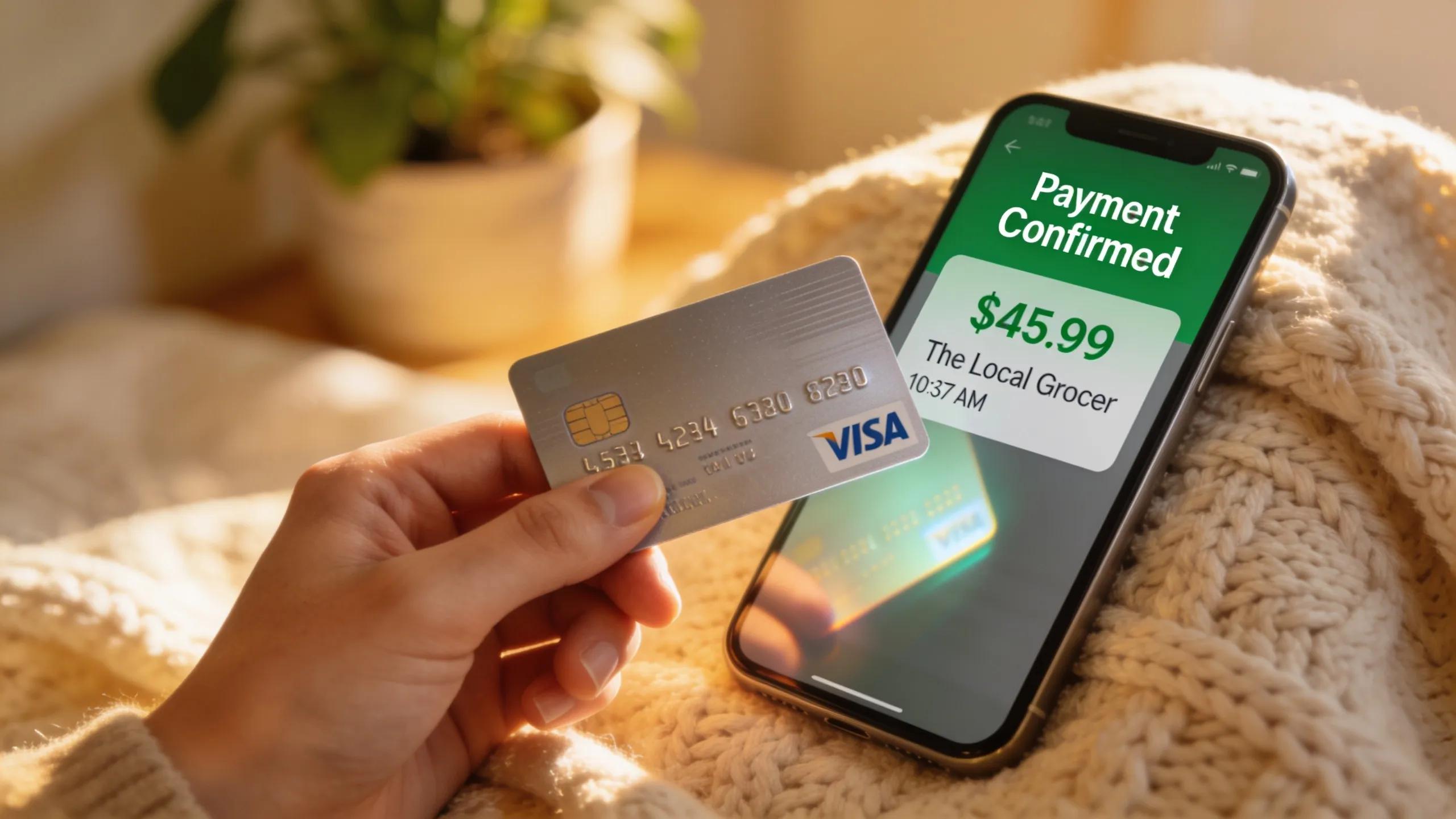 Hand holding a debit card with a mobile confirmation of instant funding, illustrating the immediacy of payday loans Hand holding a debit card with a mobile confirmation of instant funding, illustrating the immediacy of payday loans