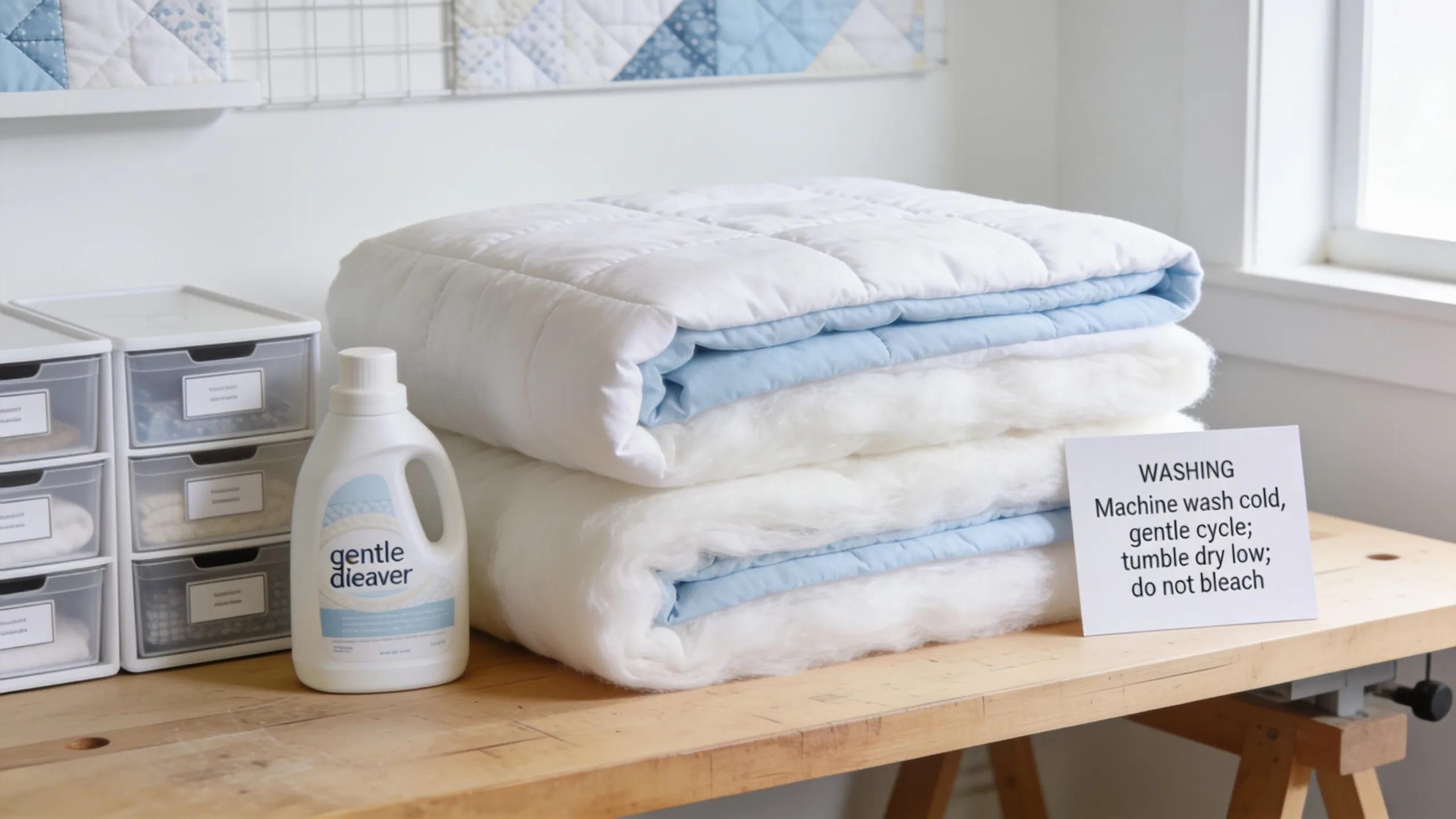 Display of supplies for caring for quilt batting in a bright workspace