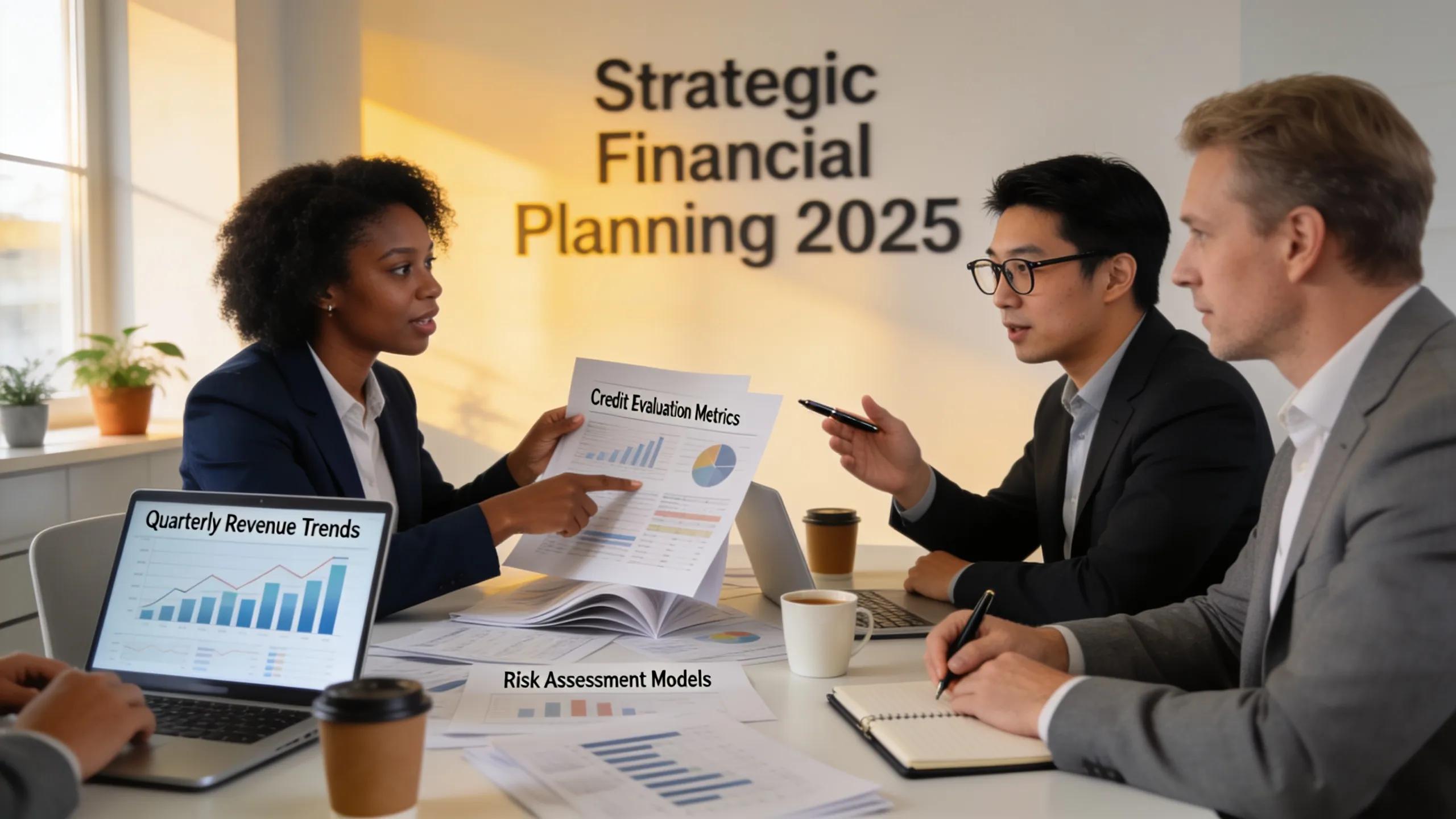 Business professionals in a meeting analyzing credit evaluation reports