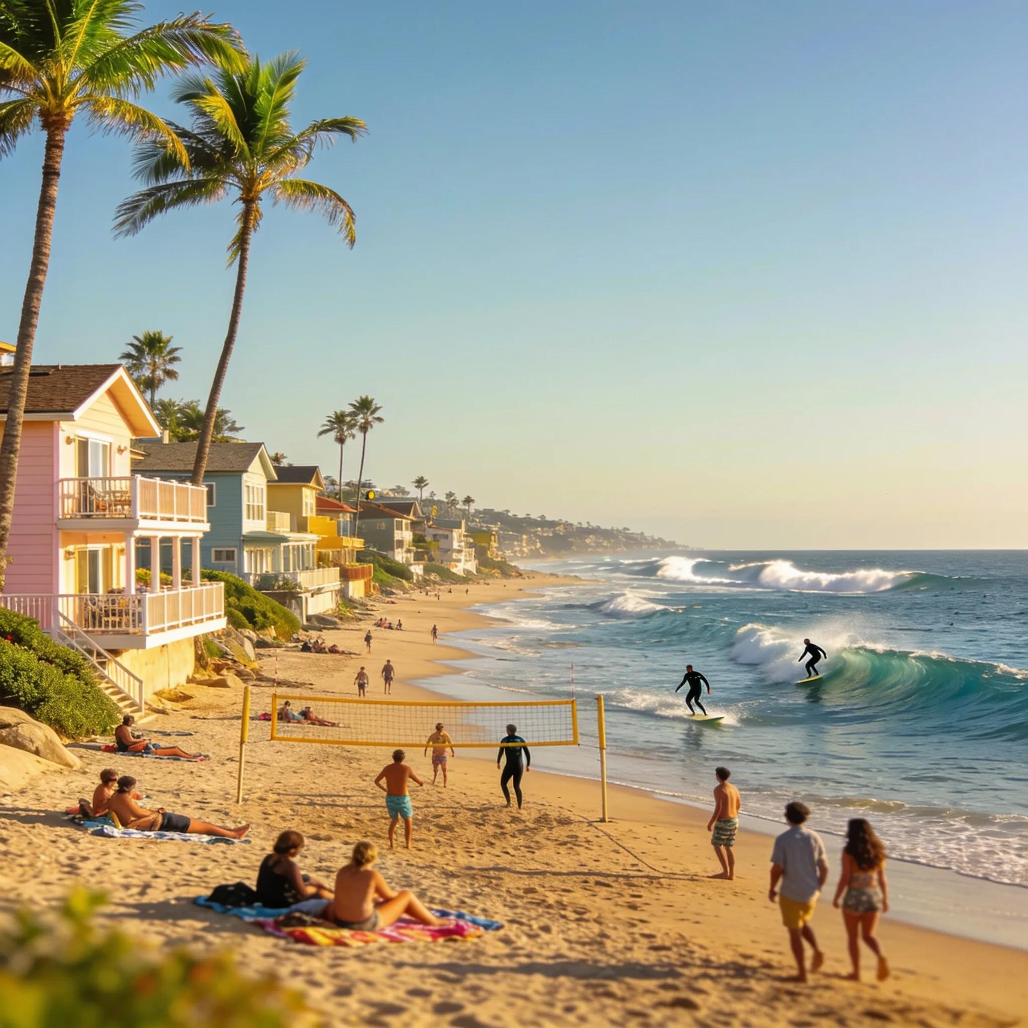 Scenic Solana Beach: surfers, palm trees, and coastal homes representing California beach living
