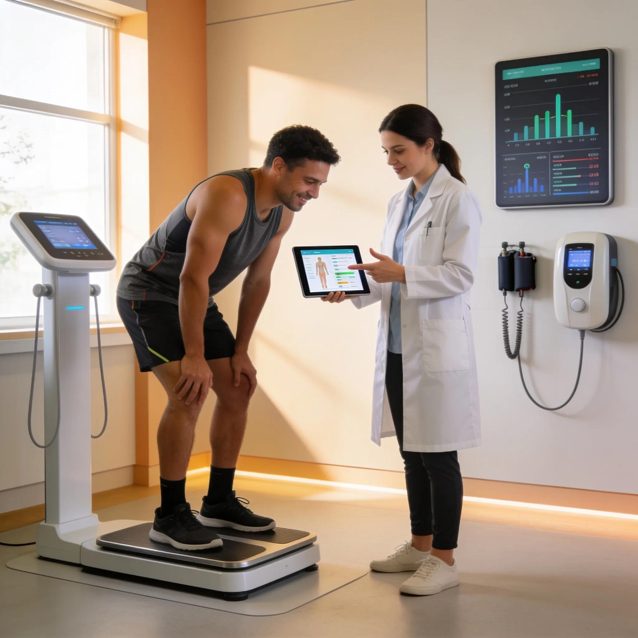 Health professional conducting body composition analysis during health evaluation