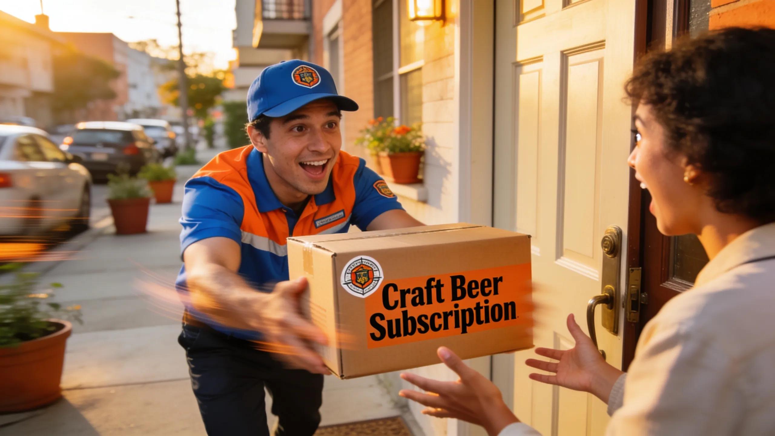 Delivery of alcohol subscription box at front door showcasing prompt service in urban setting