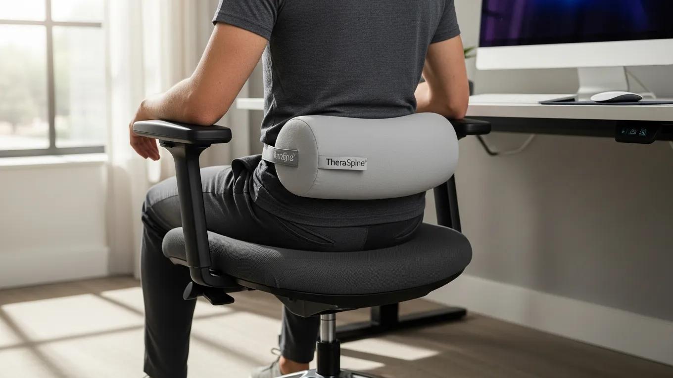 Correct positioning of TheraSpine pillow for lumbar support in an office setting