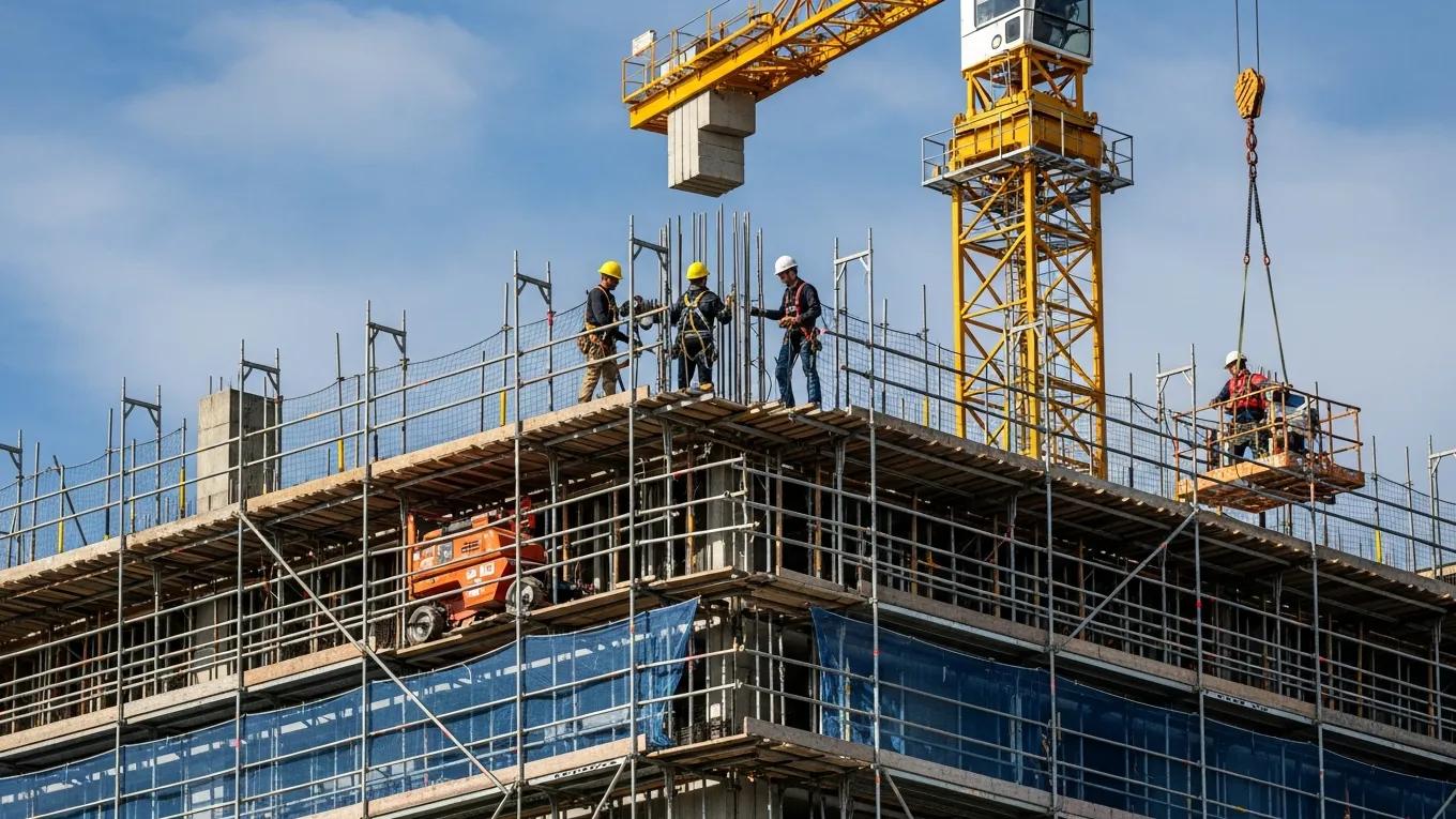 Painting crew using lift equipment on commercial building exterior