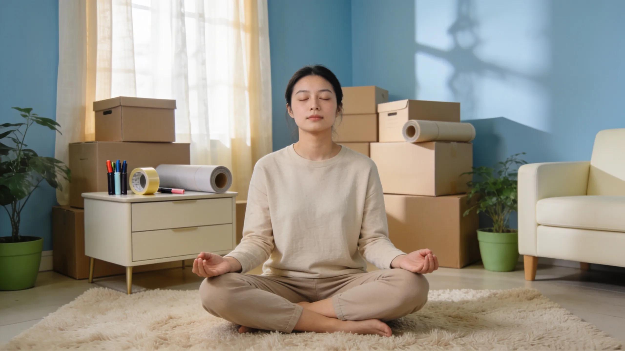 Person practicing mindfulness in a calming environment amidst moving supplies, stressing the importance of stress management