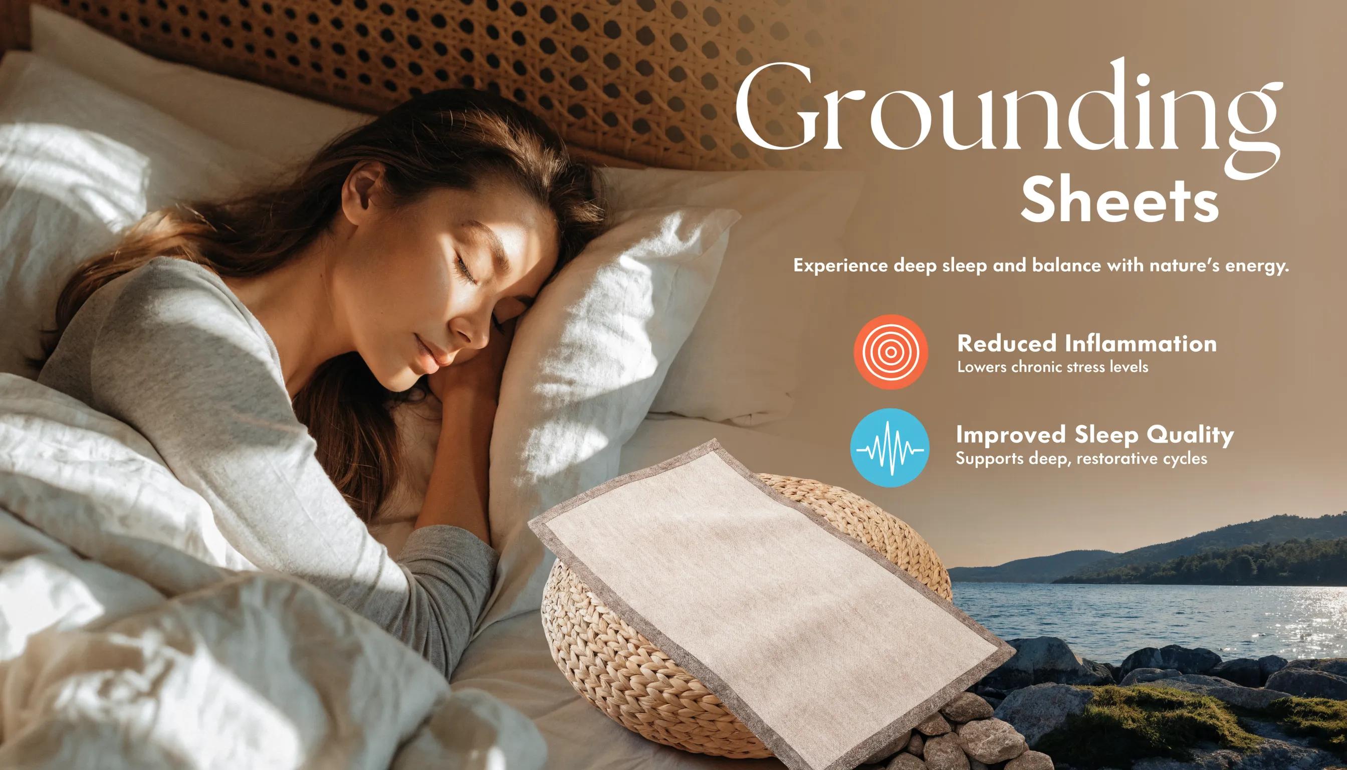 Health benefits of grounding sheets illustrated with relaxation and wellness themes