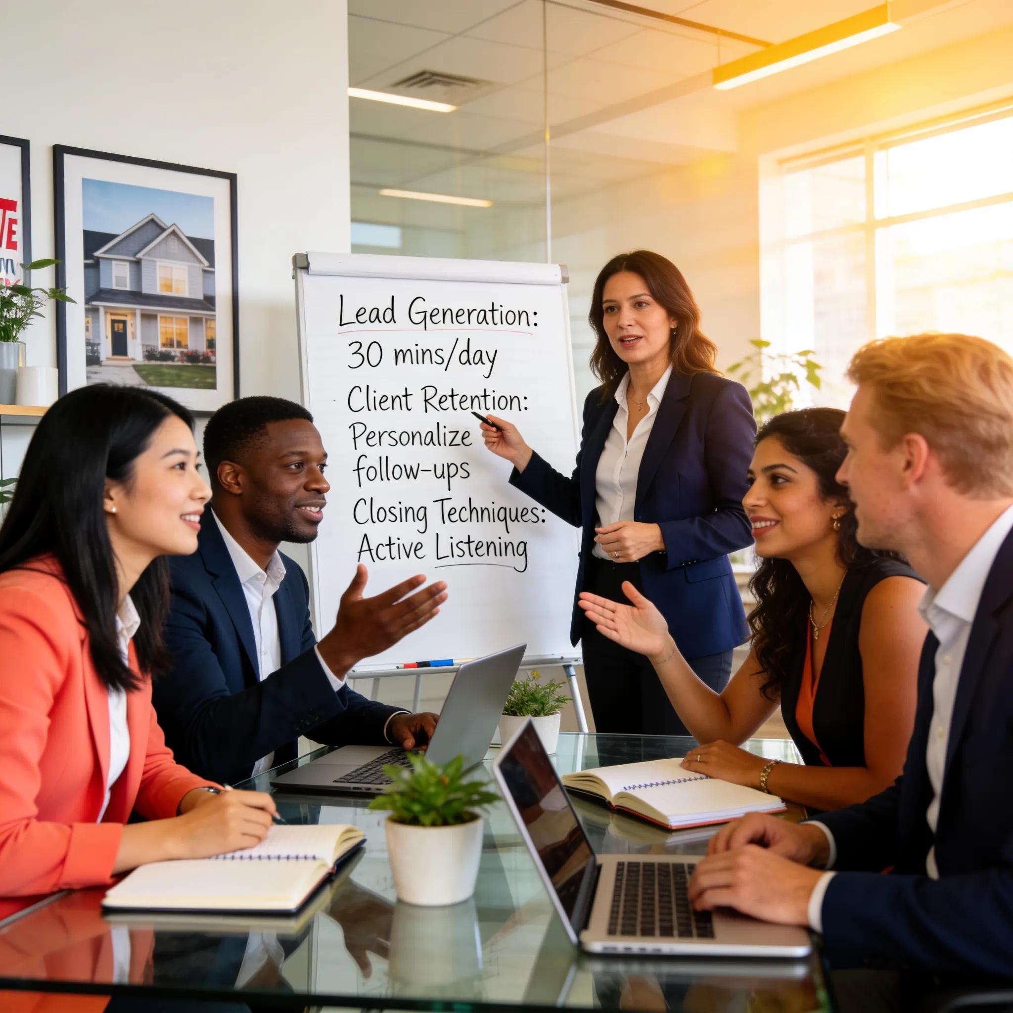 Real estate coaching session with diverse agents in a modern workspace
