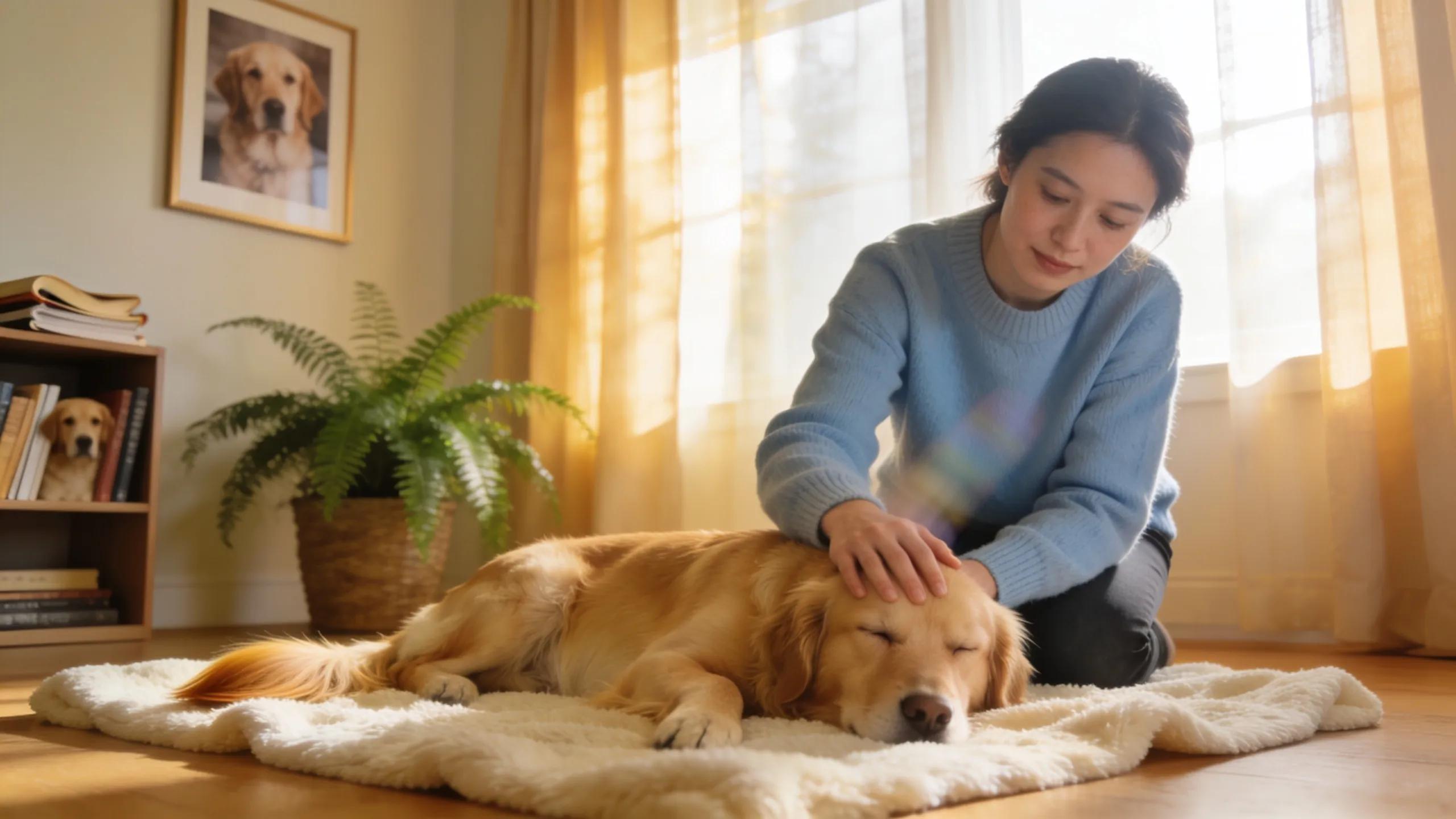 Comforting scenario of a pet dog being lovingly cared for at home during in-home euthanasia