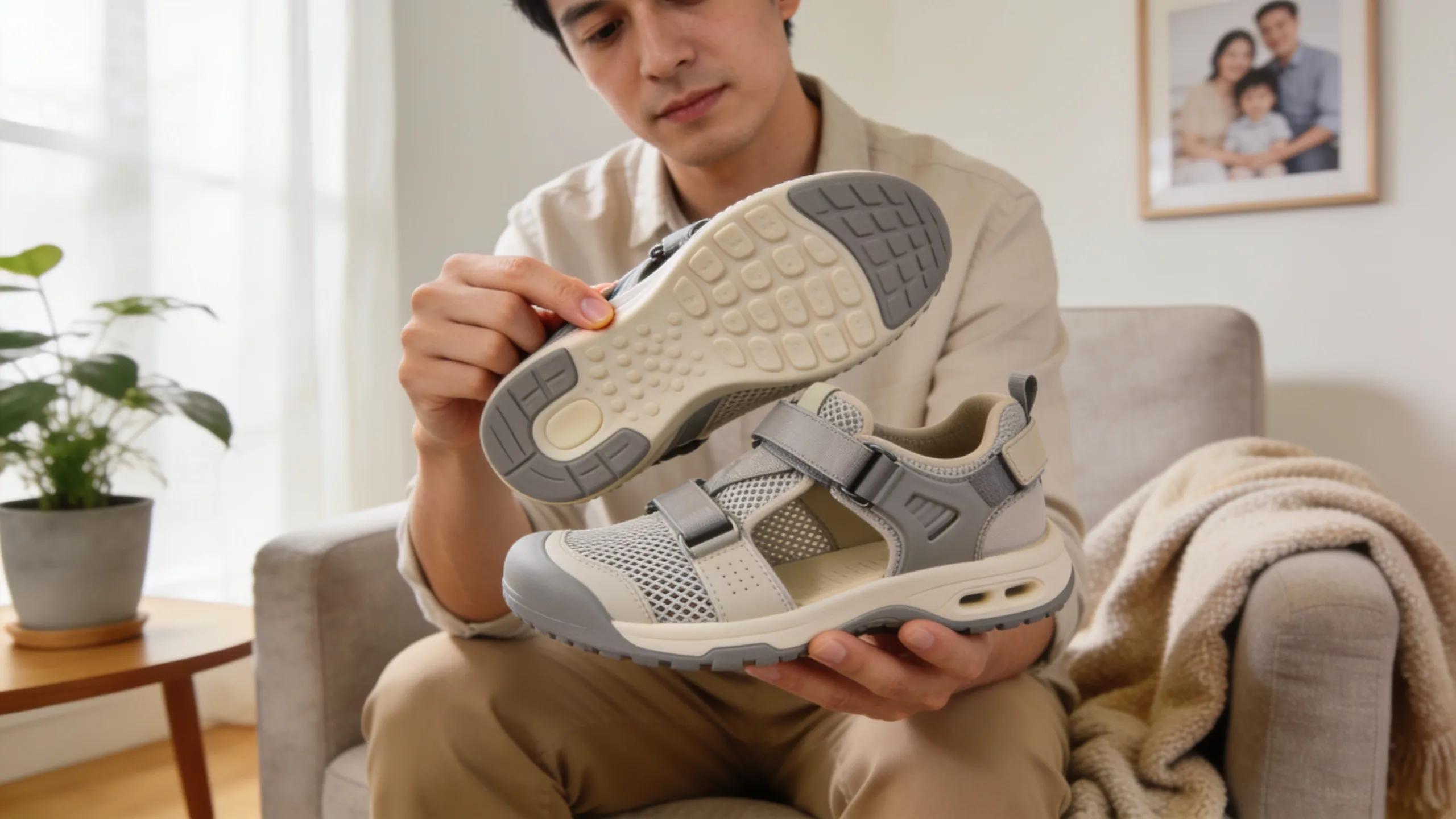 Individual inspecting orthopedic shoes for arthritis, focusing on choosing and maintaining comfortable footwear