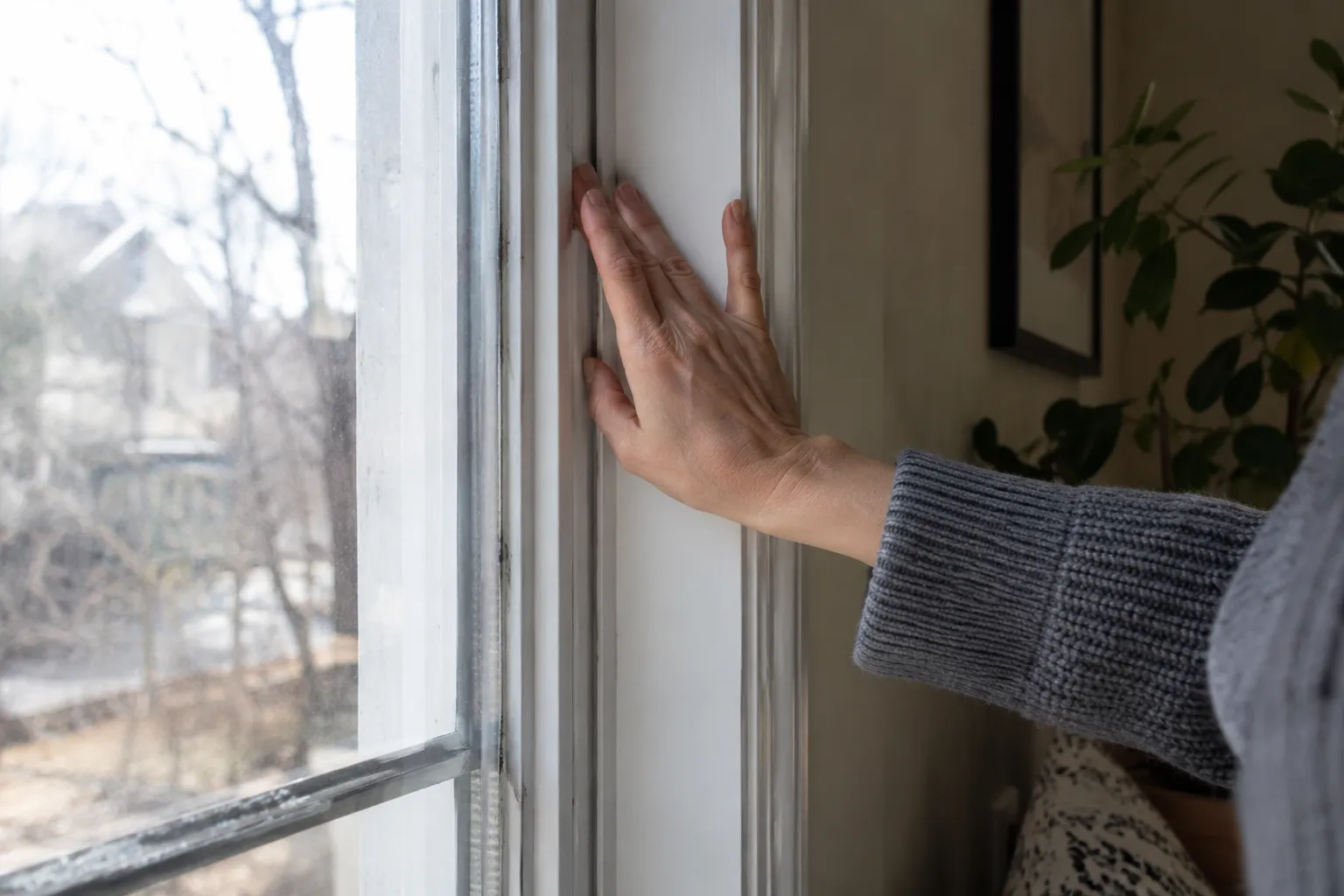 Homeowner checking a window frame for drafts and damage