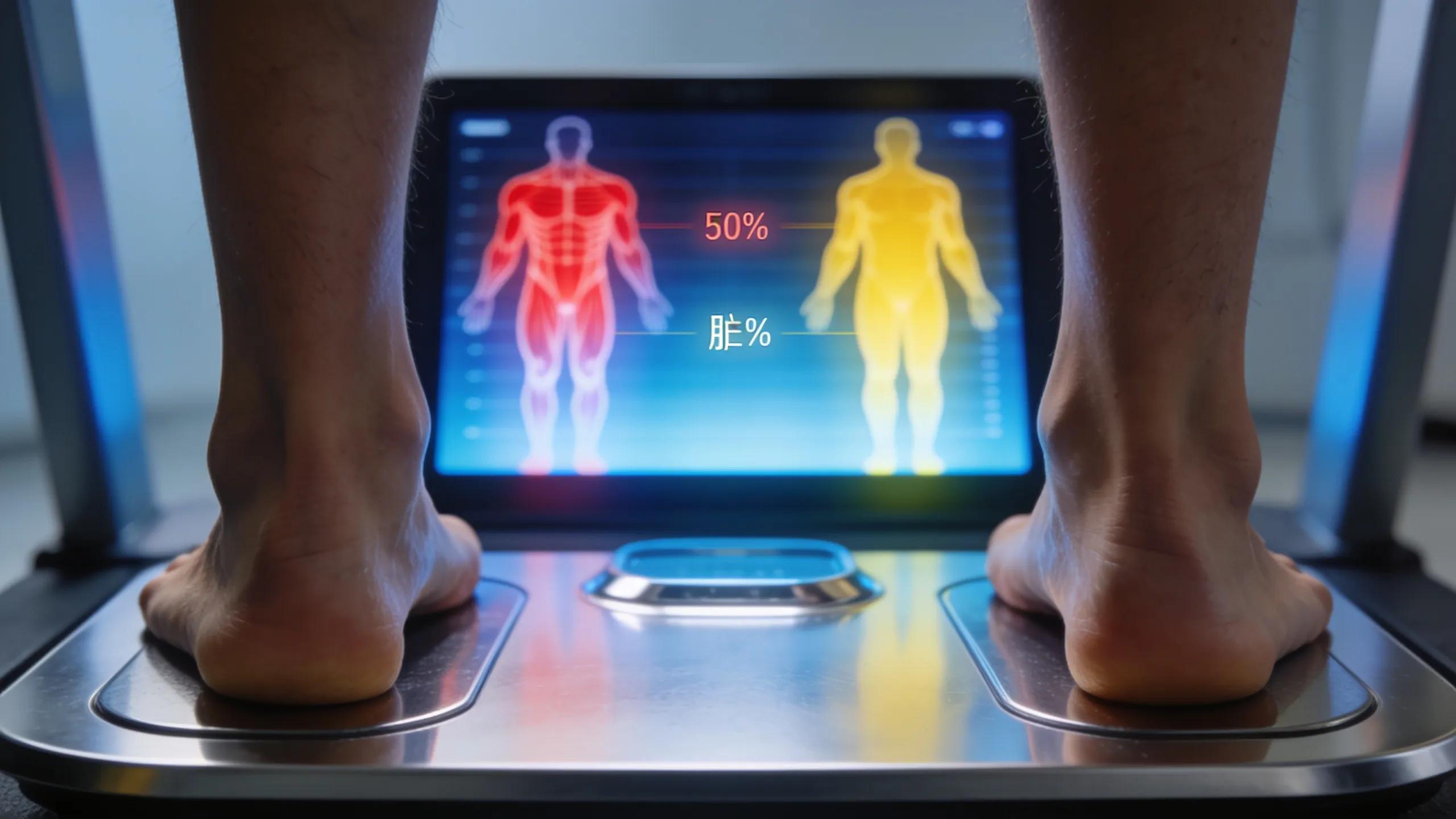 Individual standing on a body composition scale with data displayed on a screen