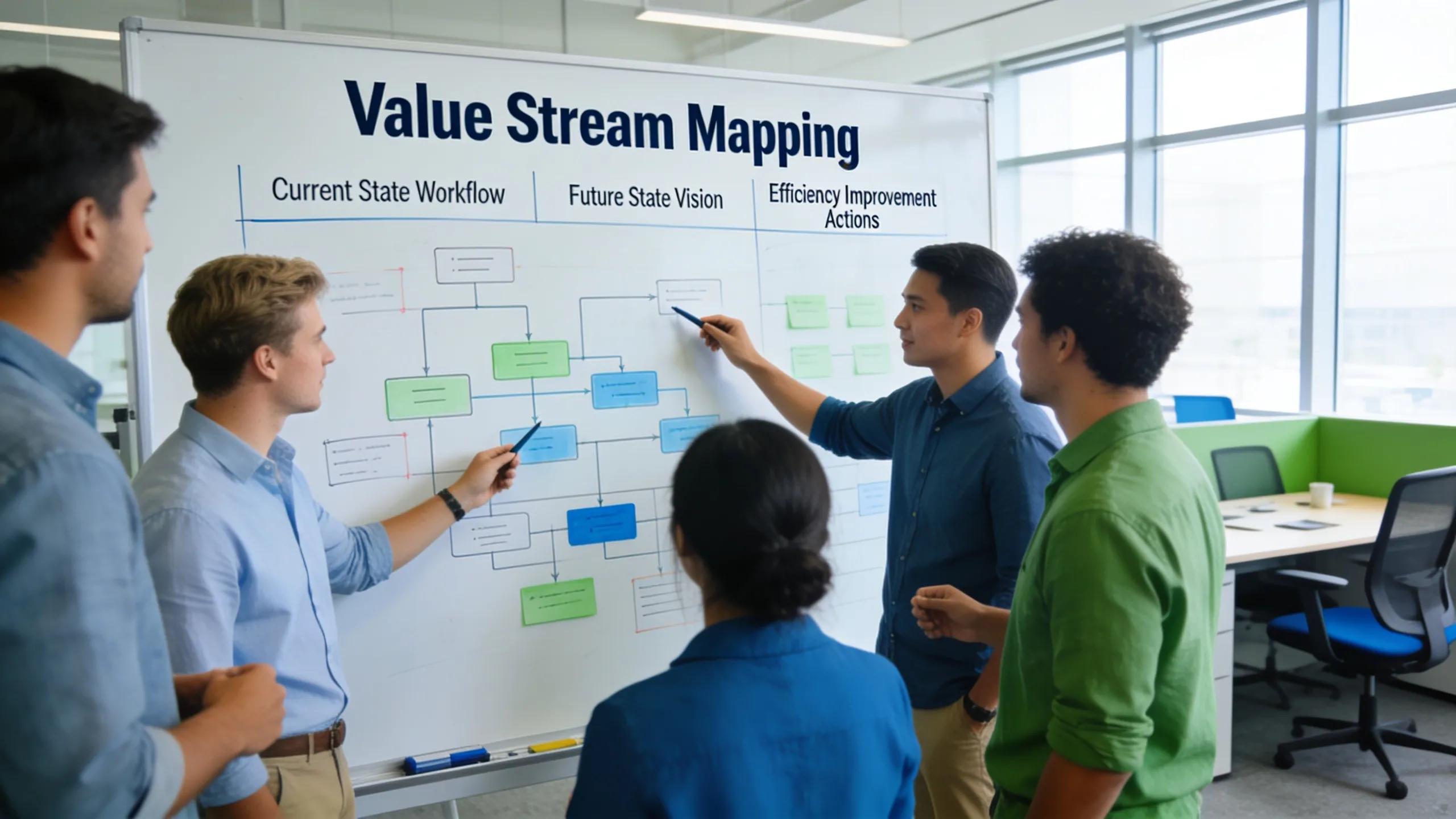 Team of workers collaborating on value stream mapping to enhance lean manufacturing principles and workflows