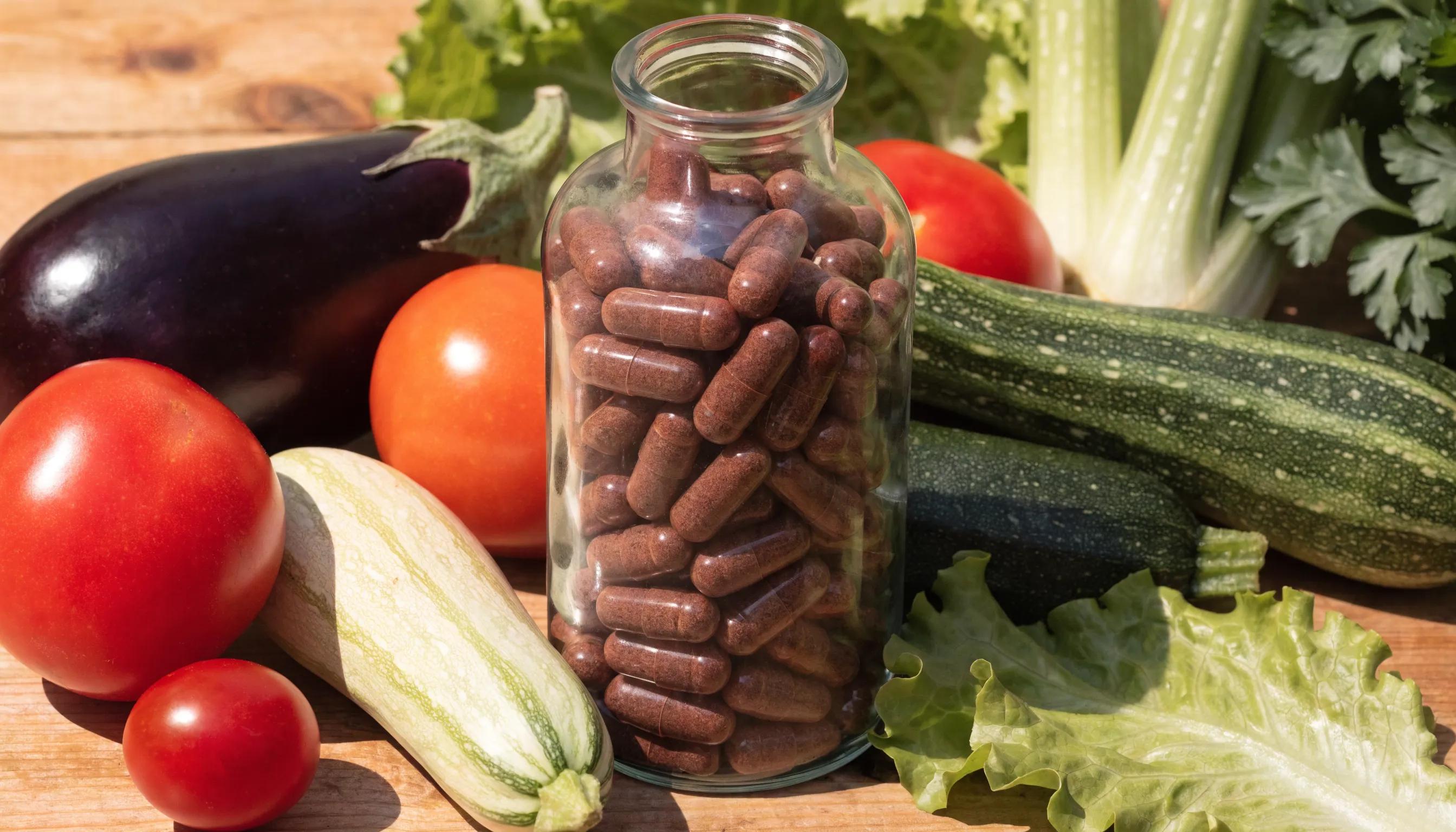 Beef liver capsules with vegetables illustrating natural iron supplement benefits