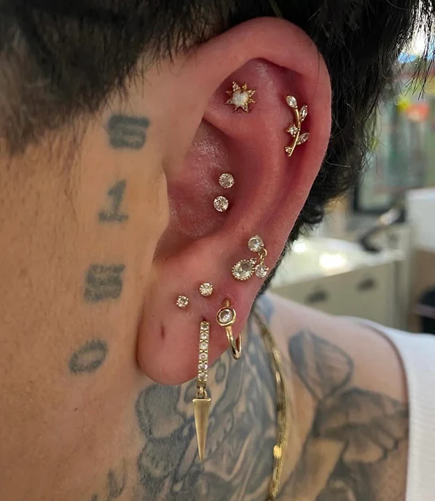 Close-up of a left ear with multiple gold and crystal piercings against a backdrop of neck tattoos. The curation features a sunburst stud in the faux rook, a leafy branch-shaped flat piercing, two stacked crystal studs in the conch, and various hoops and hanging charms in the lobe.