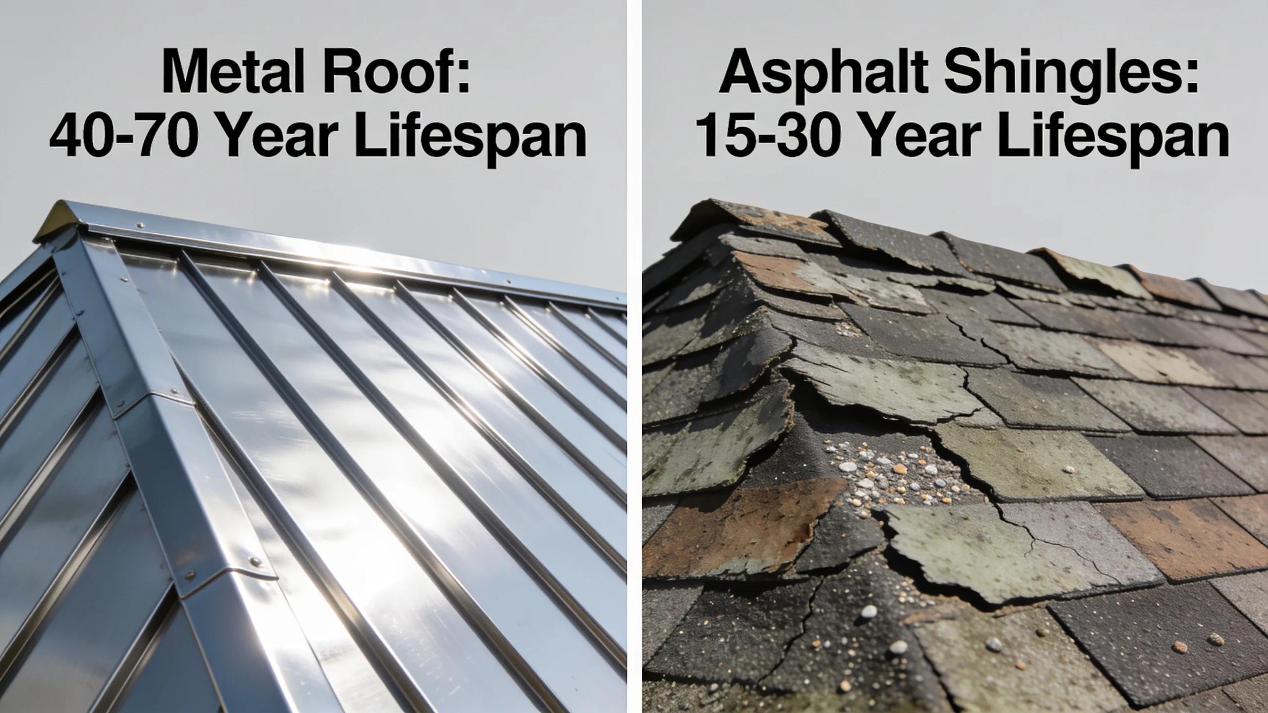 Visual comparison of metal roofs and asphalt shingles showcasing lifespan differences Visual comparison of metal roofs and asphalt shingles showcasing lifespan differences