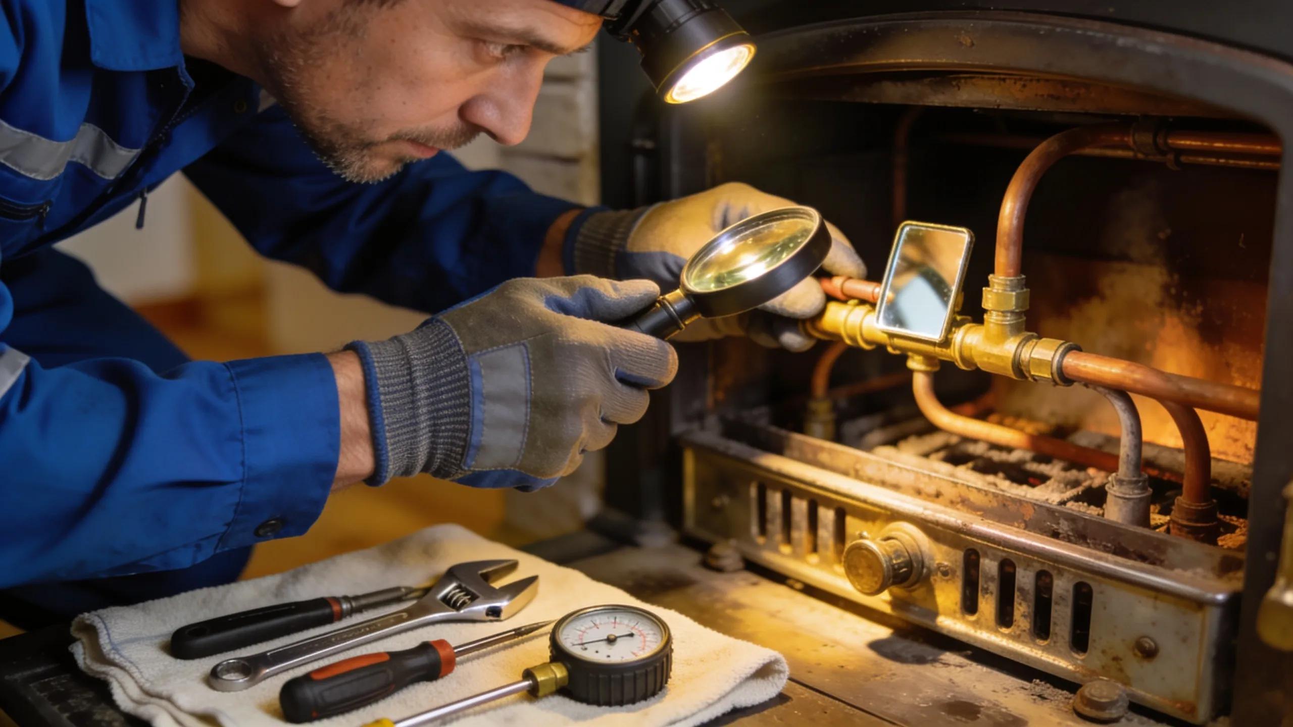 Technician performing maintenance on a traditional gas fireplace, emphasizing safety and longevity