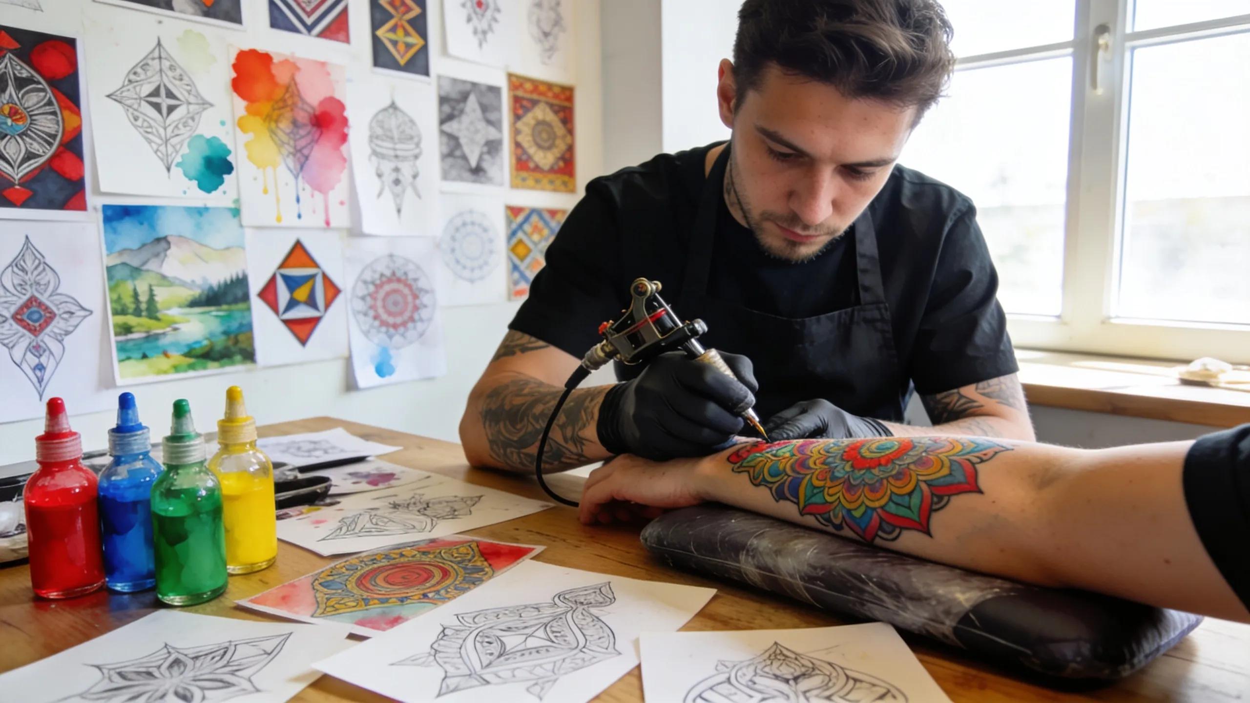 Tattoo artist showcasing custom tattoo design process in Denver