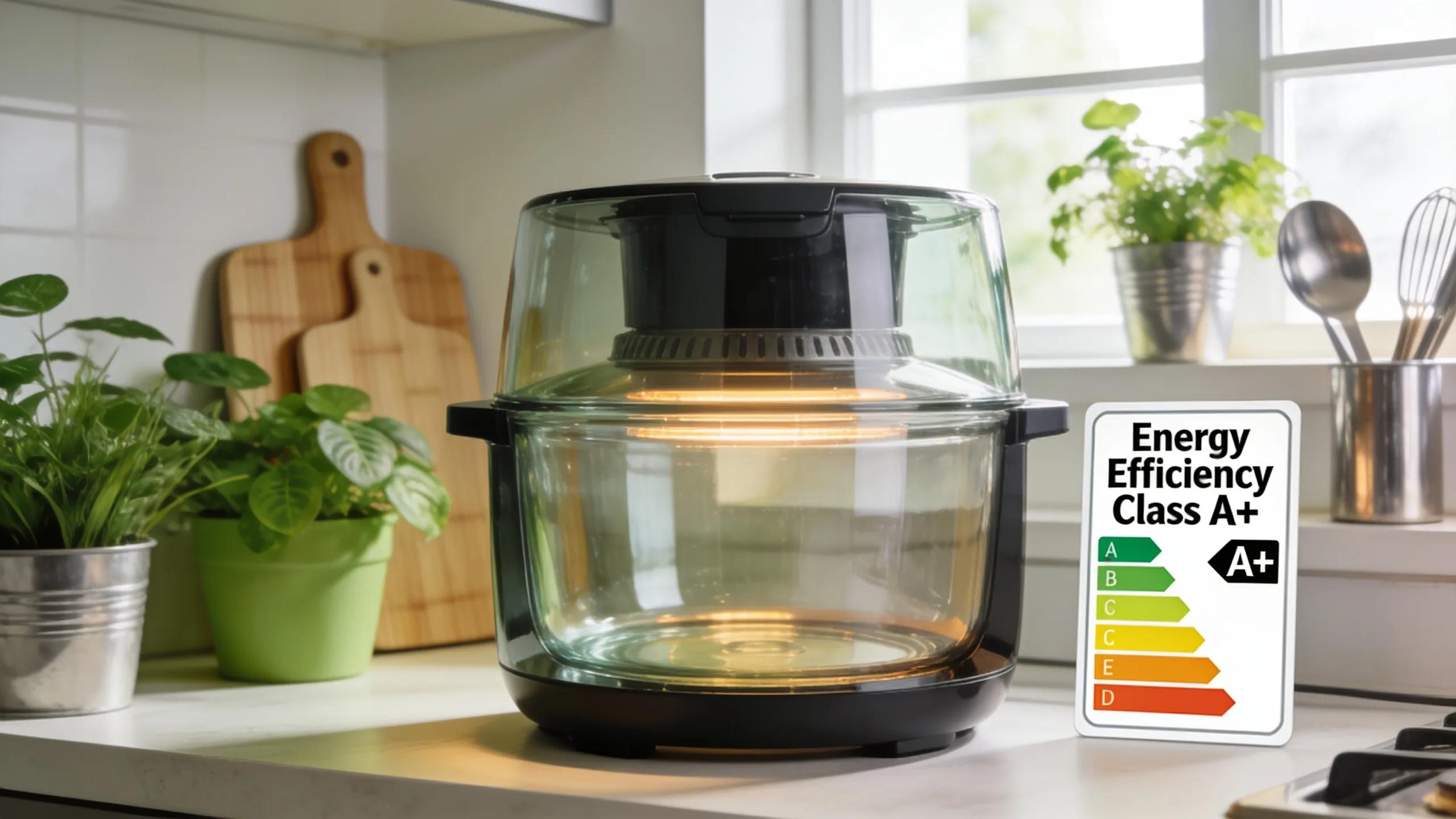 Energy-efficient glass air fryer with an energy rating sticker in an eco-friendly kitchen, symbolizing sustainability