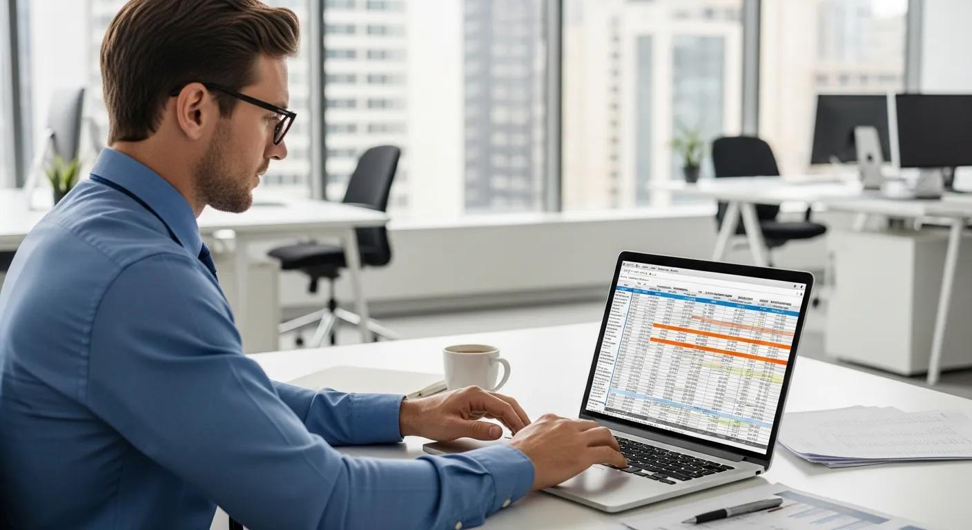 Financial analyst reviewing loan tape data on a laptop in a modern office Financial analyst reviewing loan tape data on a laptop in a modern office