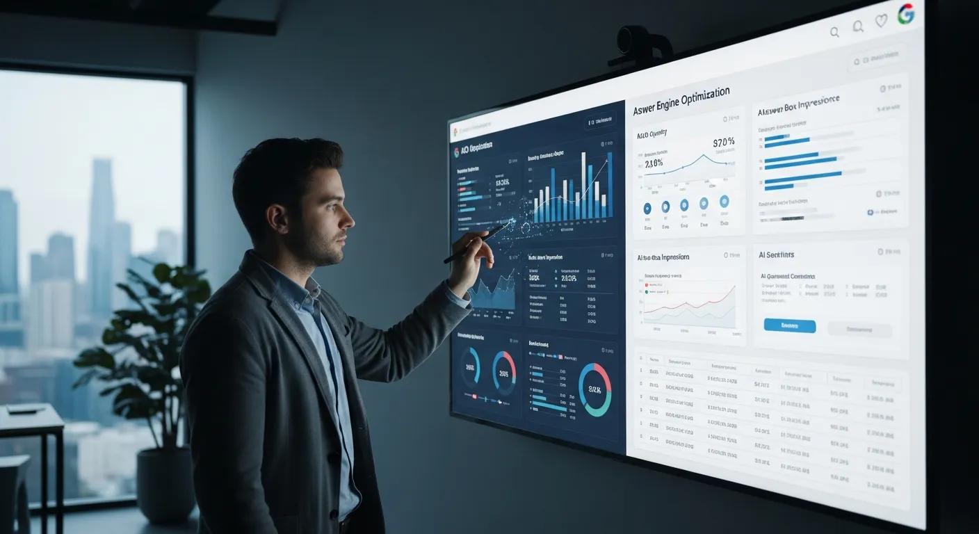 Person reviewing AEO and AI search data on a digital workspace