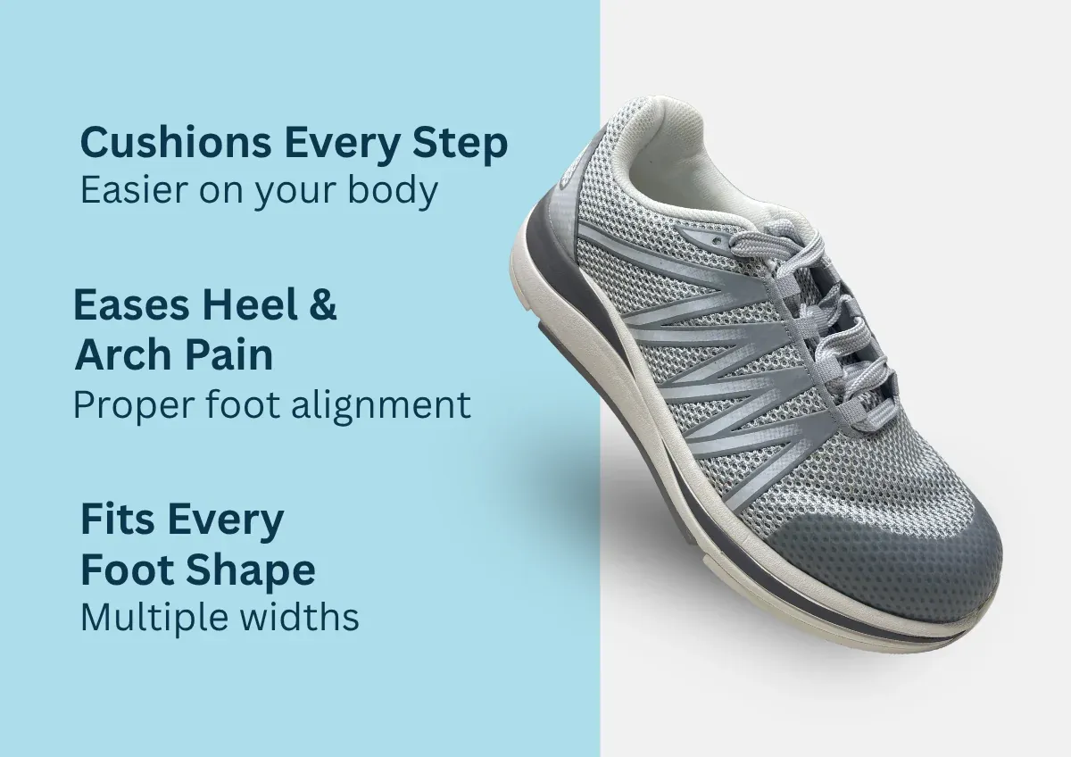 Close-up view of supportive footwear features, highlighting arch support, cushioning, and heel support essential for foot health.