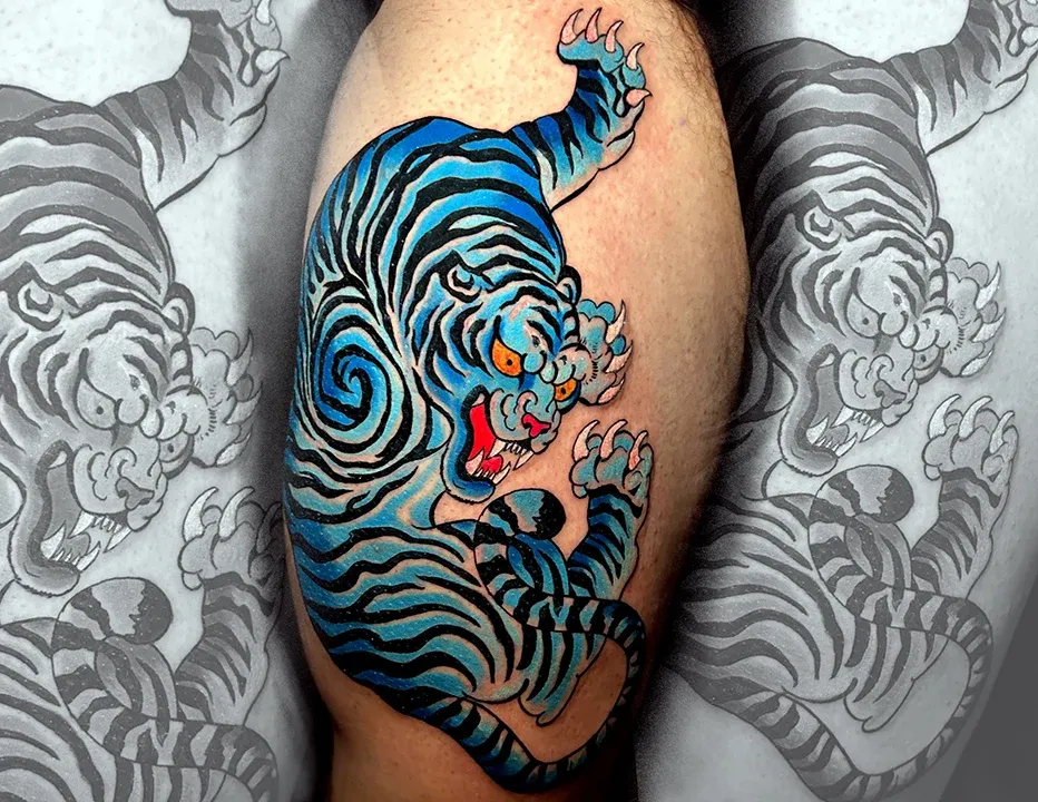 Detailed color tattoo of Coraline with blue hair and button eyes crying tears on an arm.