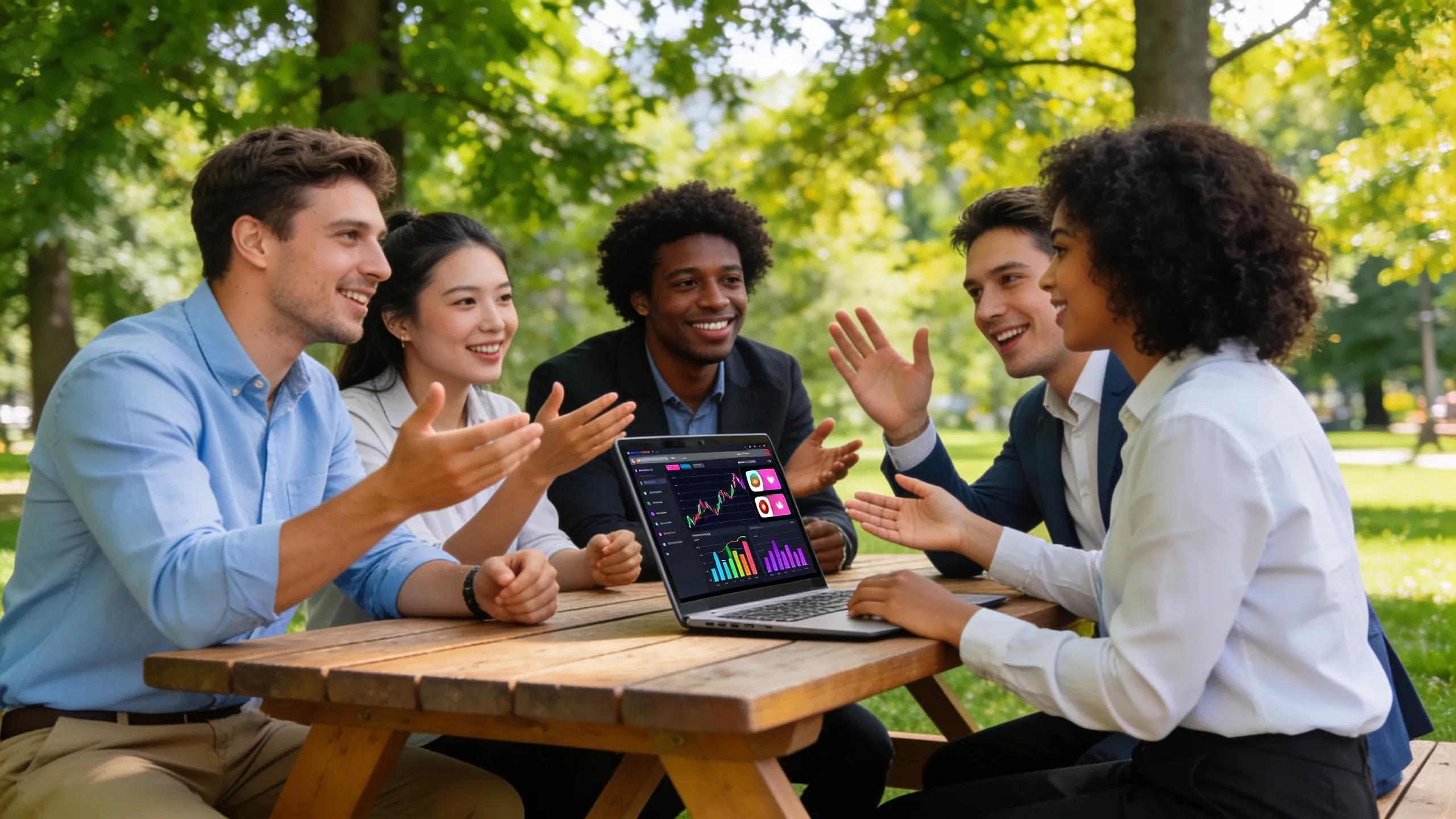 Team discussing analytics insights in an outdoor setting, highlighting collaboration and innovative thinking for business growth