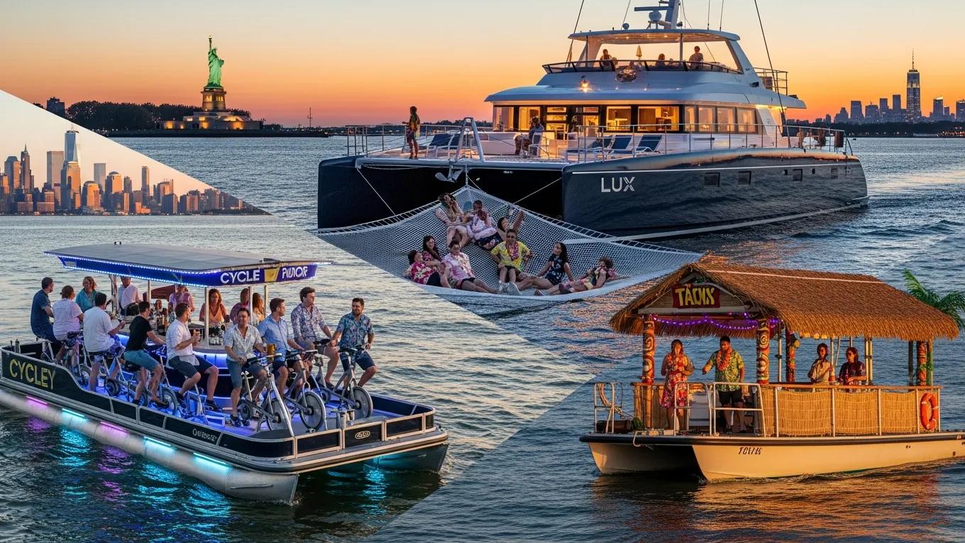 Collage of Cycleboat, Tiki Boat, and LUX Catamaran in New York Harbor