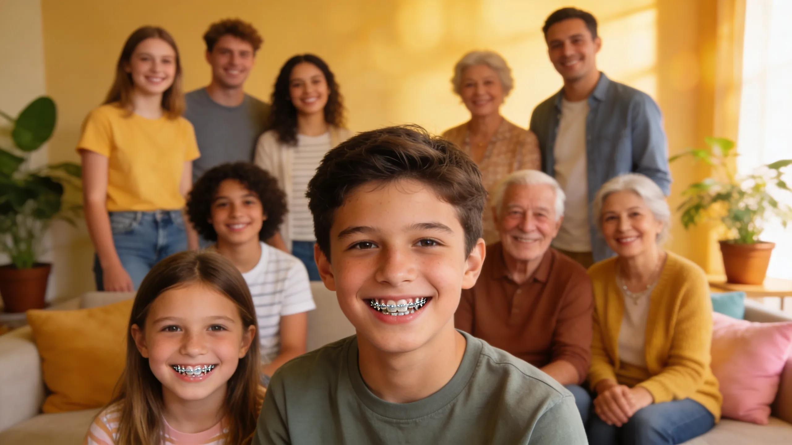 Group of people of various ages smiling with braces and clear aligners, highlighting the inclusive nature of orthodontic treatment