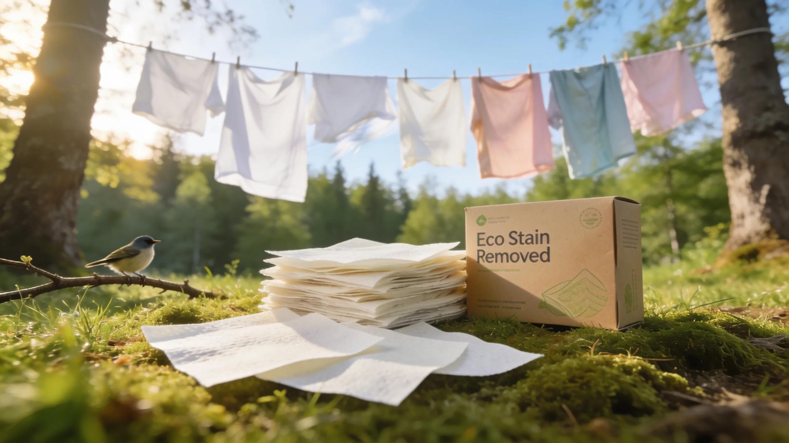 Sustainable laundry setup with eco stain remover sheets and biodegradable packaging on a washing line against a green backdrop, highlighting environmental benefits