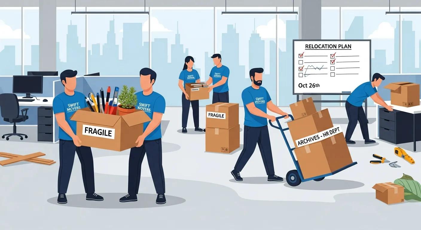 Illustration of the office relocation process with movers in action
