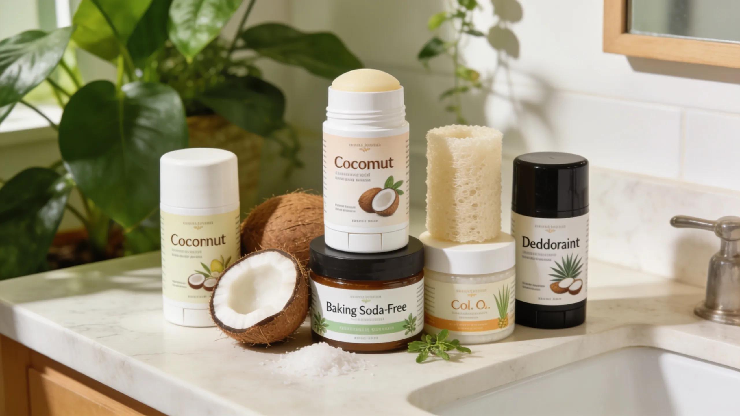 Variety of natural deodorants including coconut oil-based options on a bright bathroom countertop