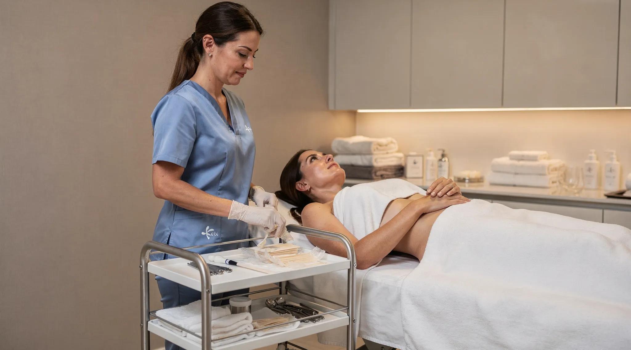 Professional aesthetician performing a Brazilian wax while prioritizing client comfort and technique.