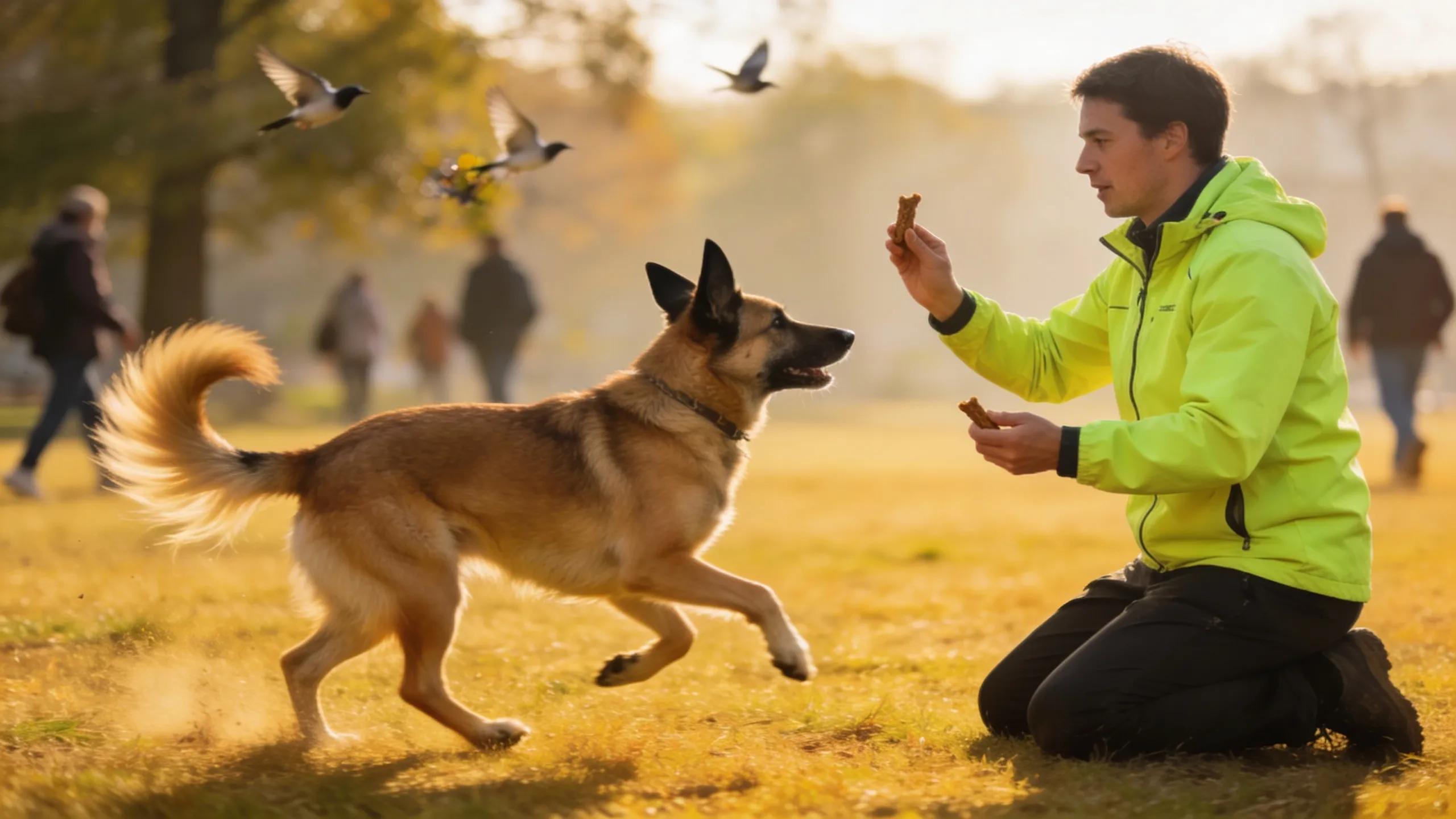 Trainer using positive reinforcement for recall training in a distracting outdoor environment