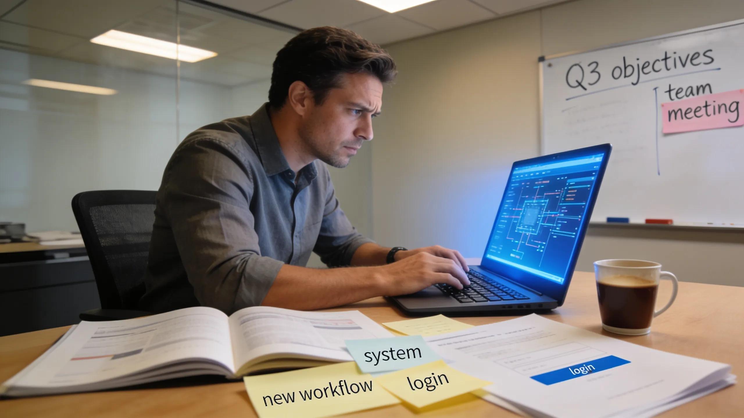 Professional adapting to new responsibilities and unfamiliar systems after a promotion