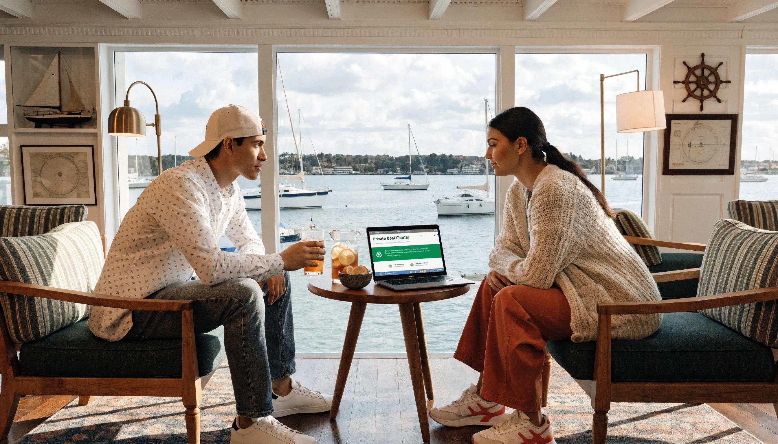 Couple discussing private boat charter plans with a laptop