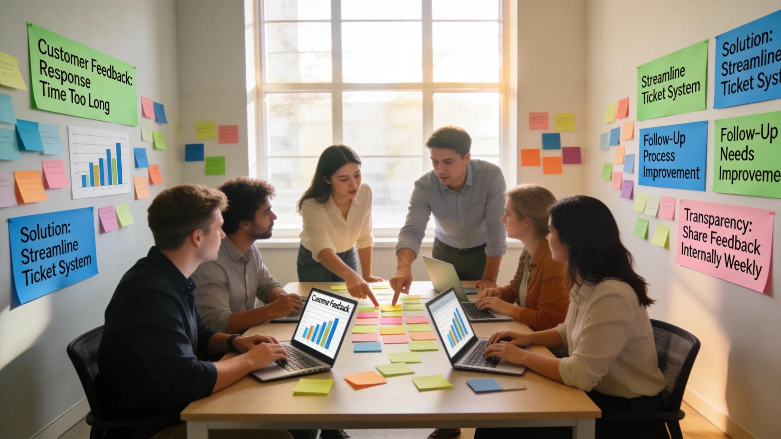 Team collaborating on customer feedback and solutions in an office environment