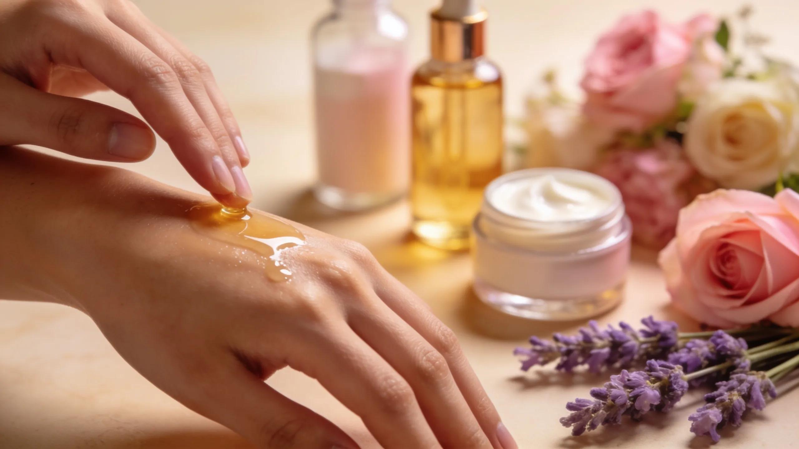 Close-up of applying sandalwood essential oil for skin hydration and glow using natural skincare