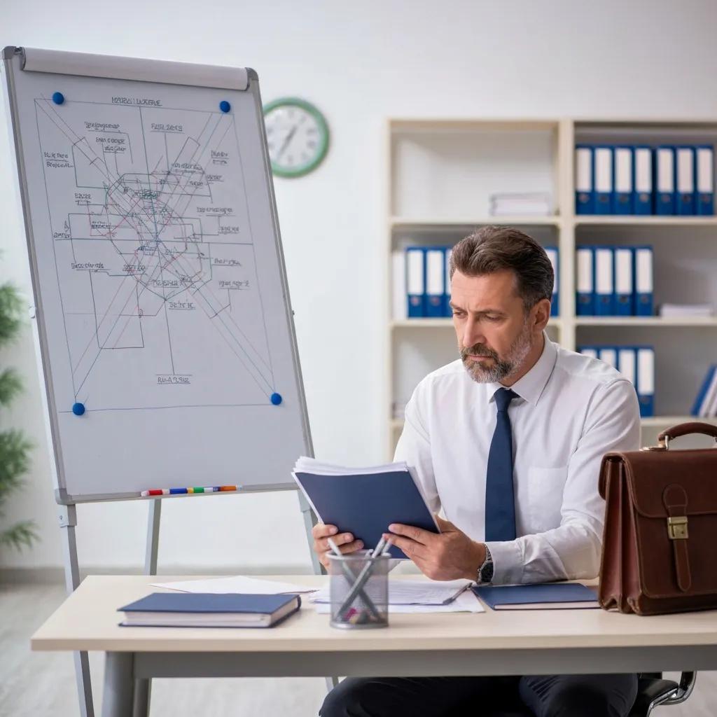 Private investigator reviewing records and mapping leads in a modern office