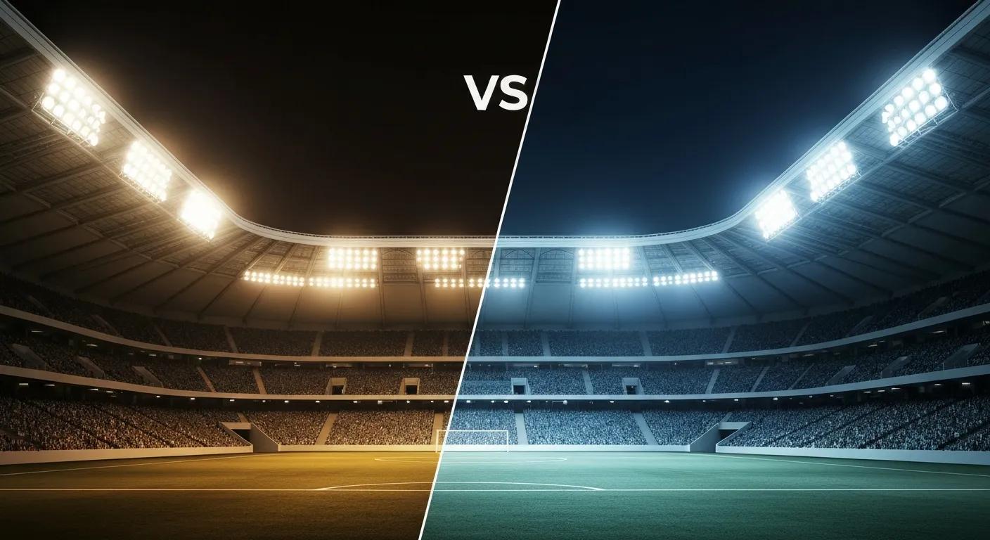 Comparison of traditional metal halide lighting and modern LED sports lighting, illustrating energy savings and efficiency