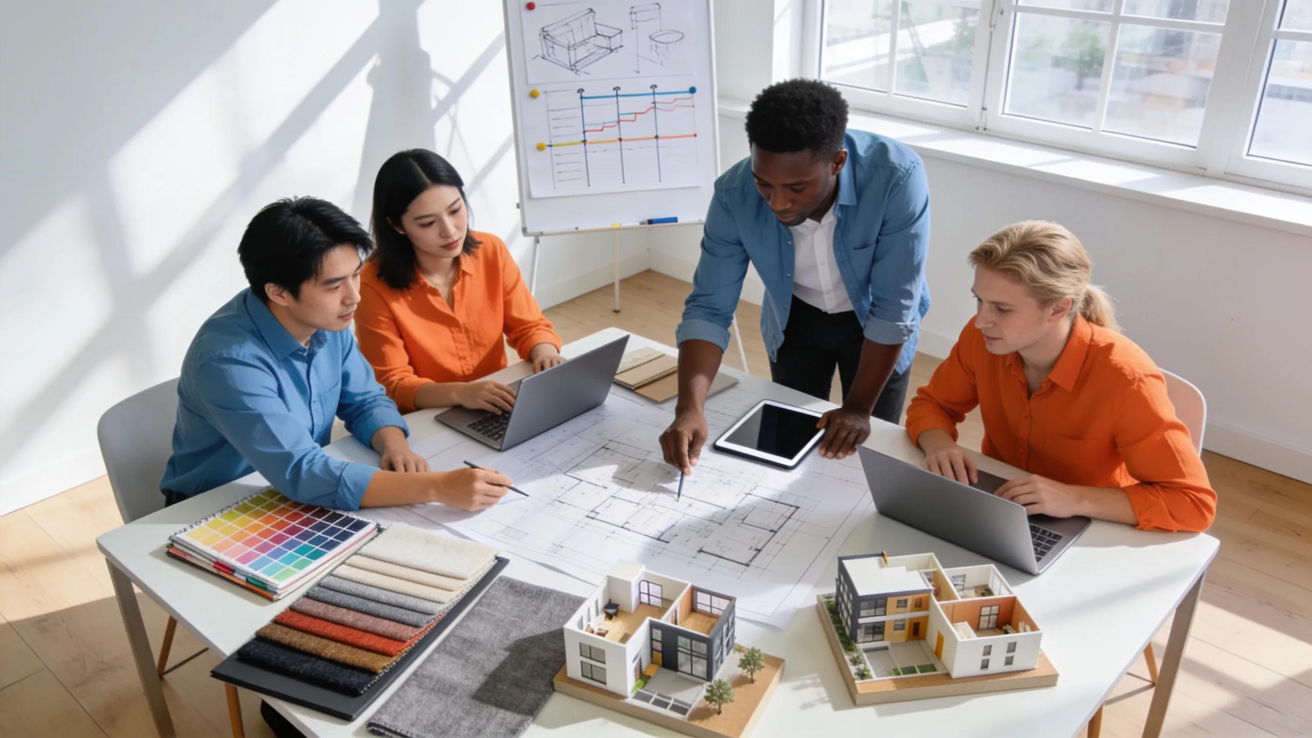 Modern interior design workspace with a diverse team collaborating on projects