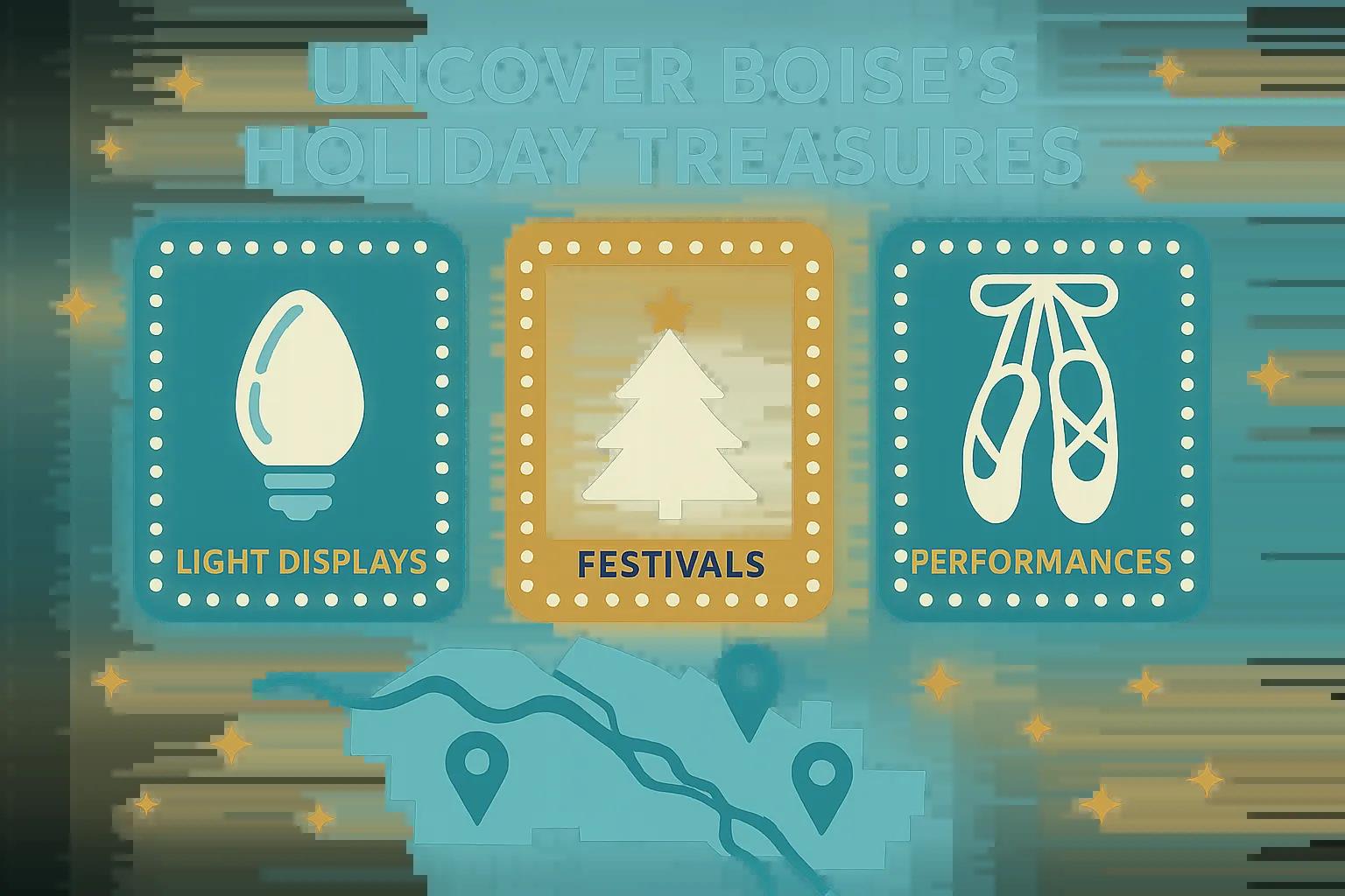 Dazzling holiday lights illuminating a festive street scene in Boise, Idaho, with blurred figures enjoying the atmosphere.