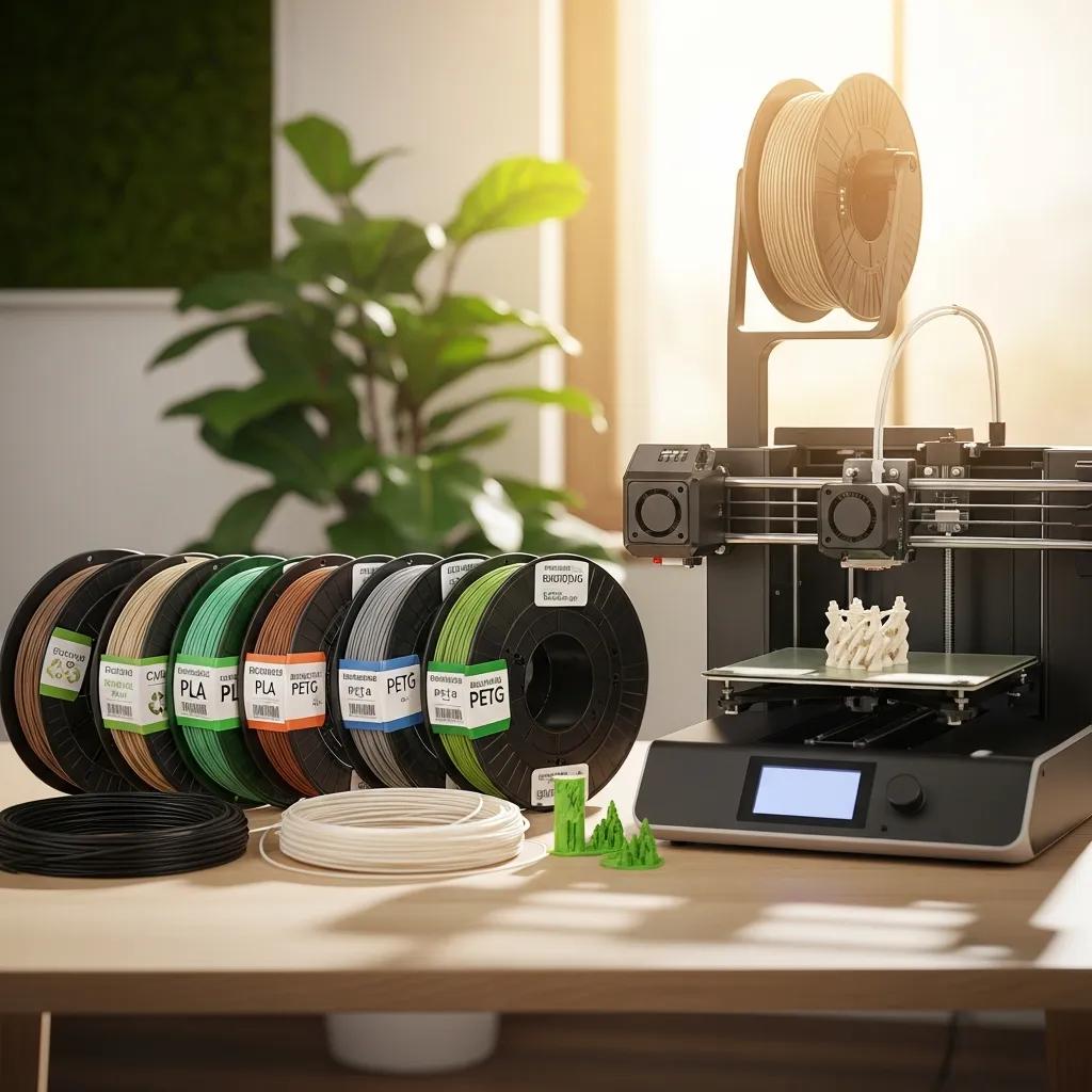 Eco-friendly 3D printing materials displayed with a printer, highlighting sustainability in fabrication practices