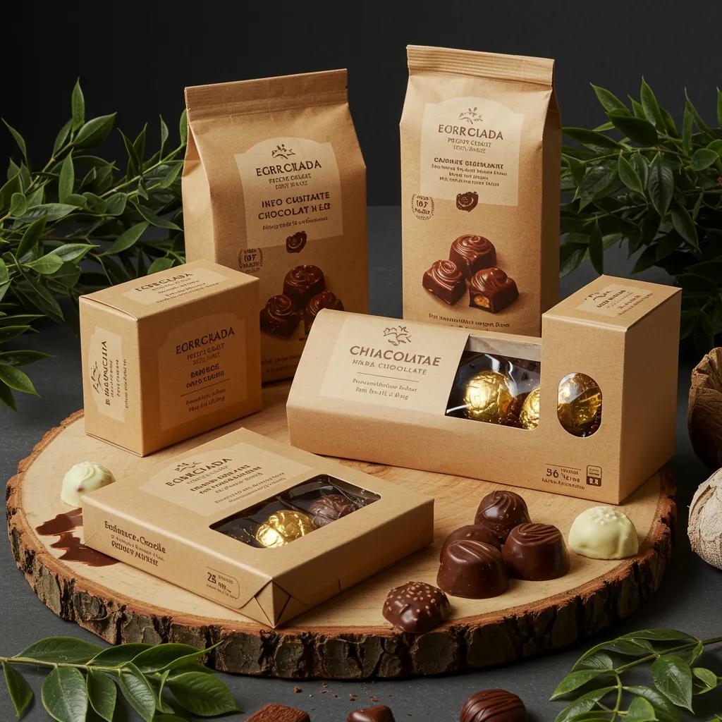 Eco-friendly chocolate packaging showcasing sustainable materials and designs, emphasizing luxury and environmental responsibility
